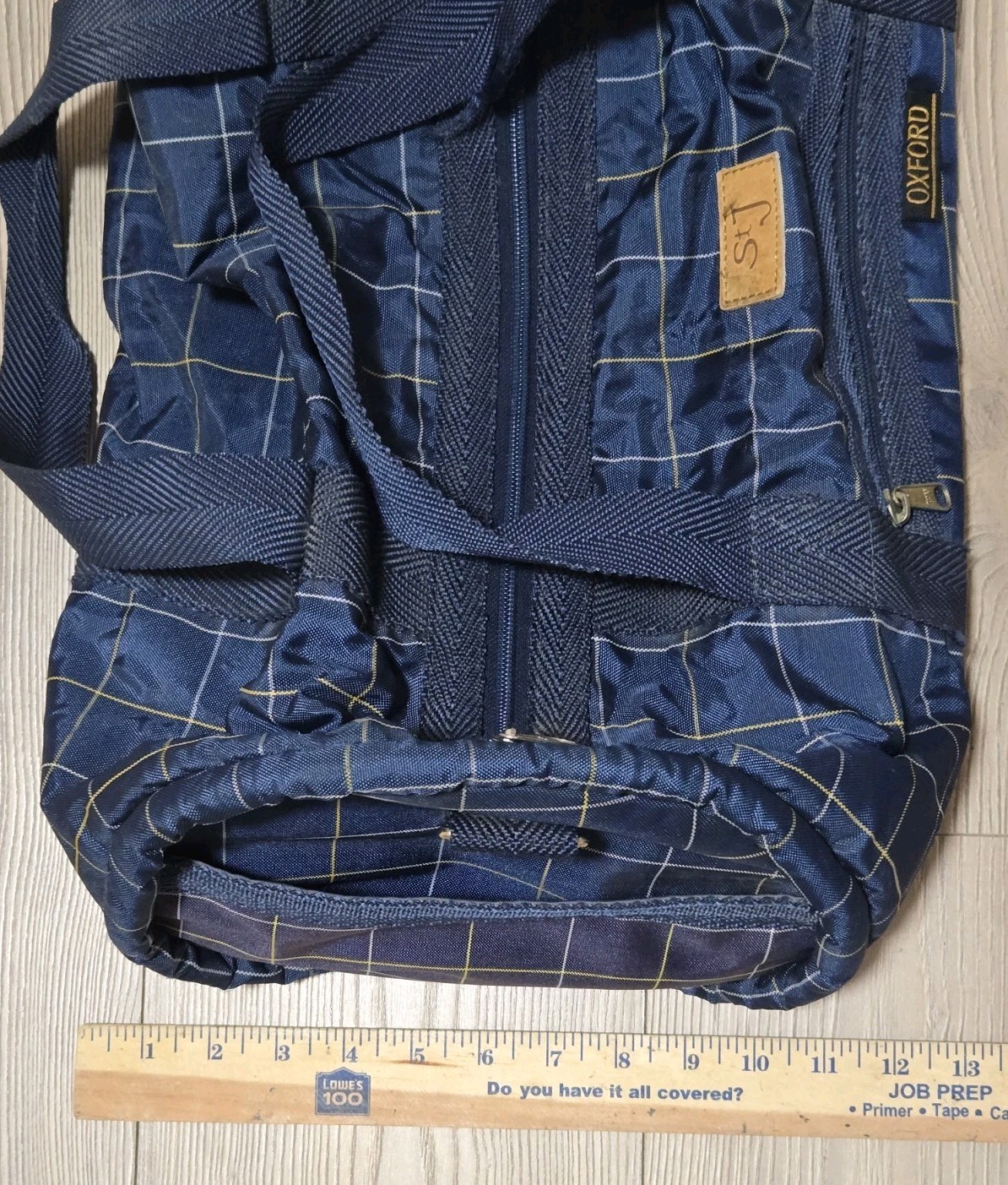 Oxford Blue Plaid Duffle Bag Vintage Polyester / Nylon 22″x13″x9.5″ St J Patch