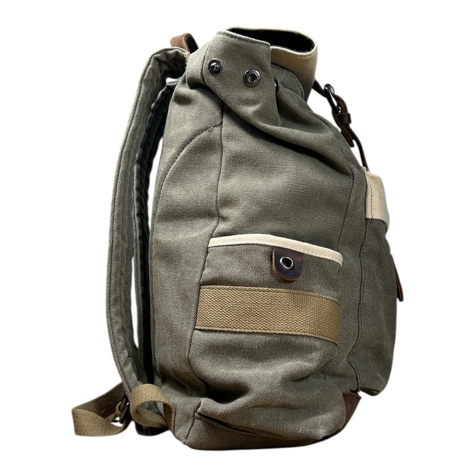 Suvom Canvas Leather Trim Rolltop Backpack Olive Khaki Two-Tone EUC