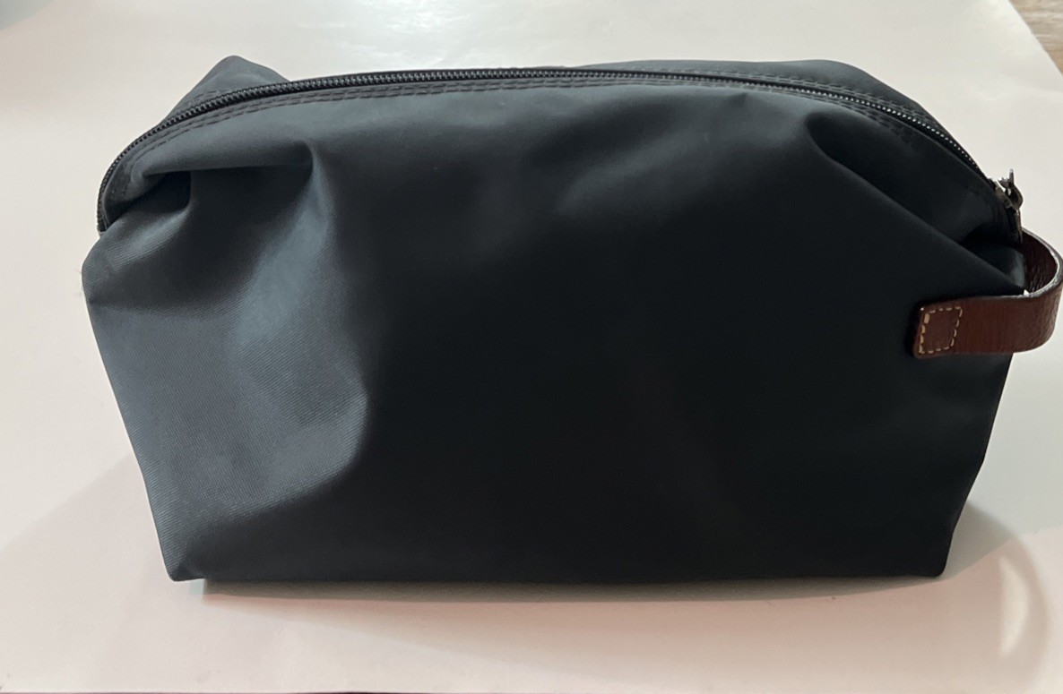 Longchamp Cosmetic Bag Nylon Grayish- Blue & Brown Leather Toiletry Travel Pouch