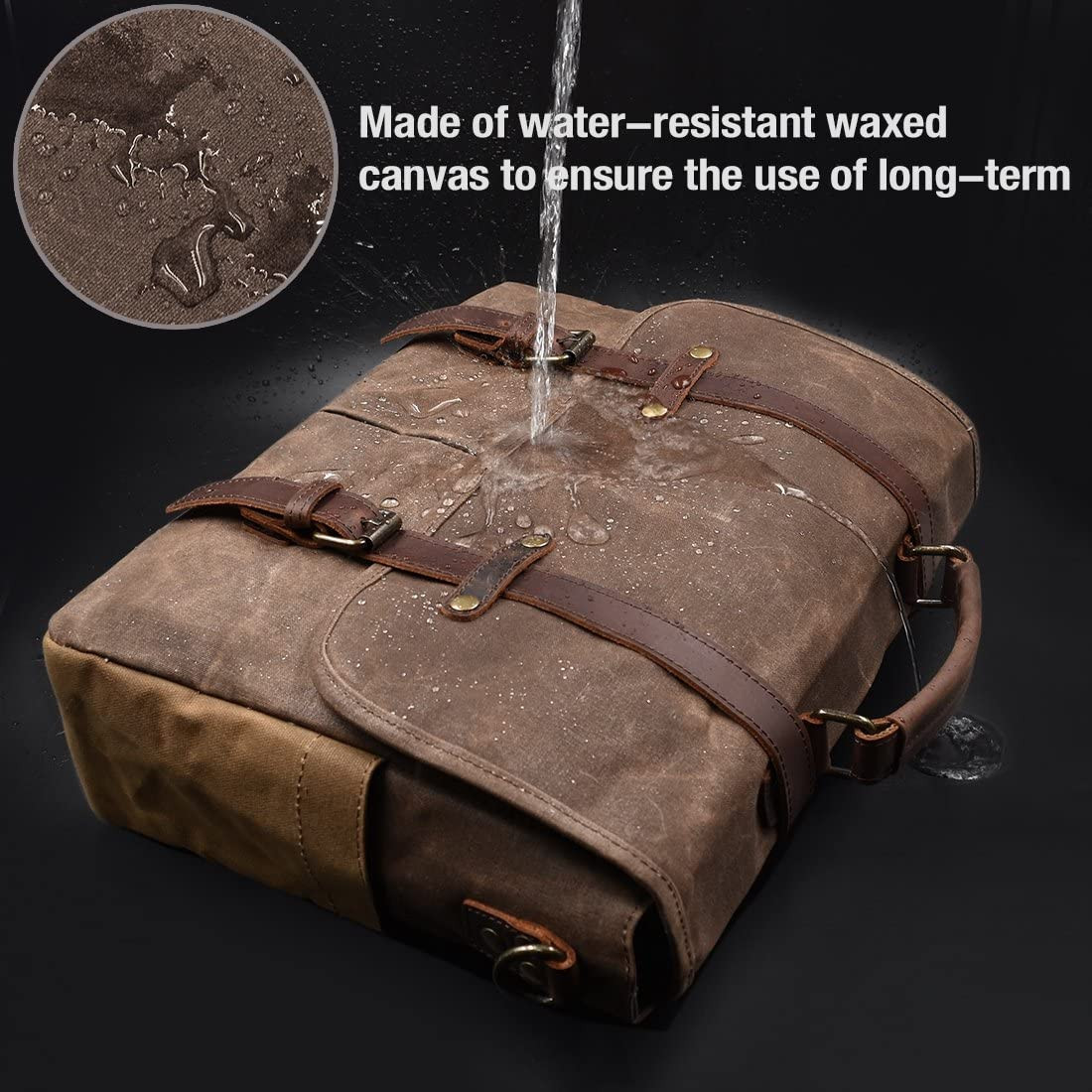 Men’s 15.6″ Waterproof Vintage Leather & Canvas Messenger Bag, Brown