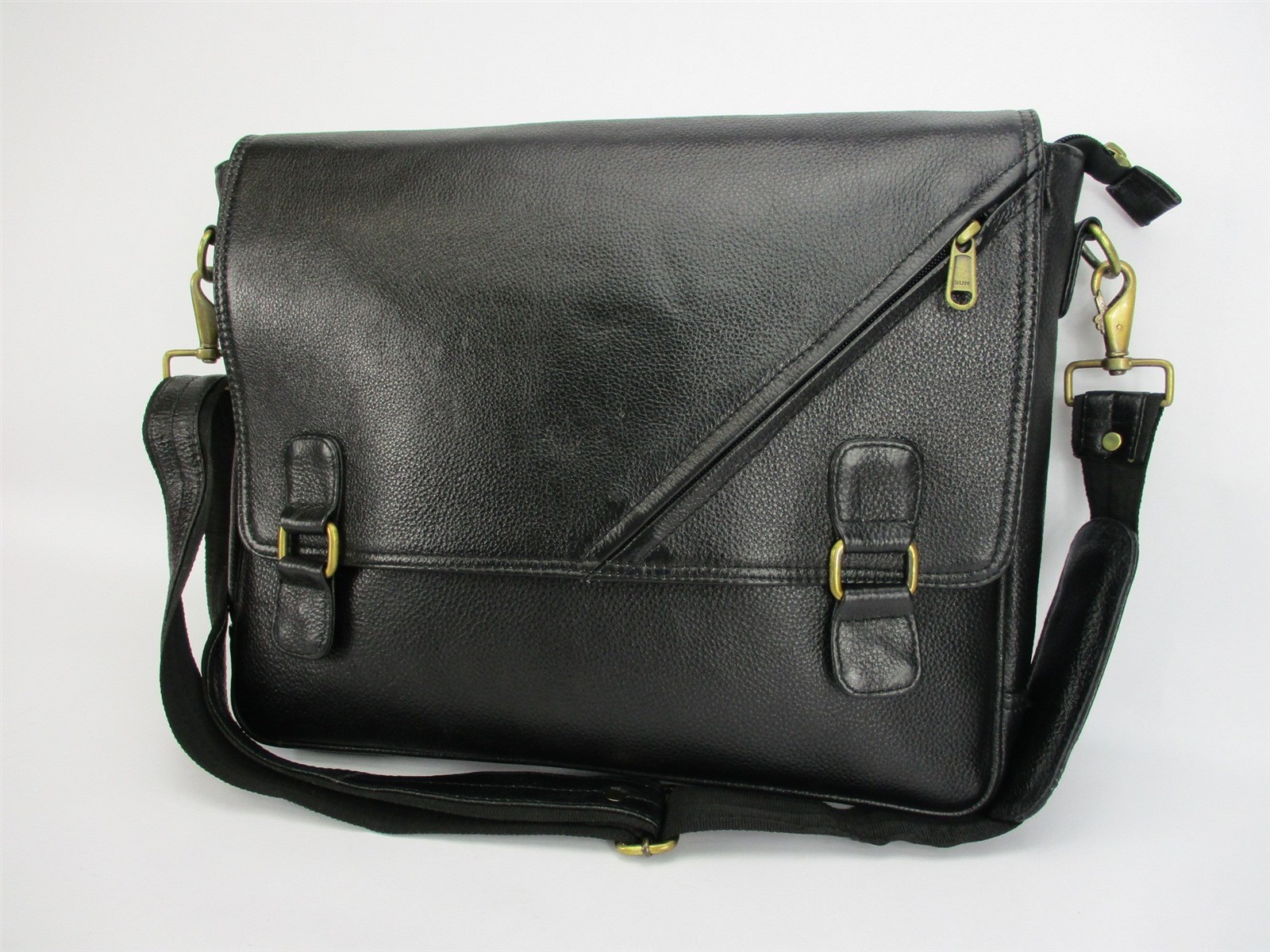 Genuine Grain Leather Messenger Shoulder Bag Briefcase Handmade Black 17x15x4″