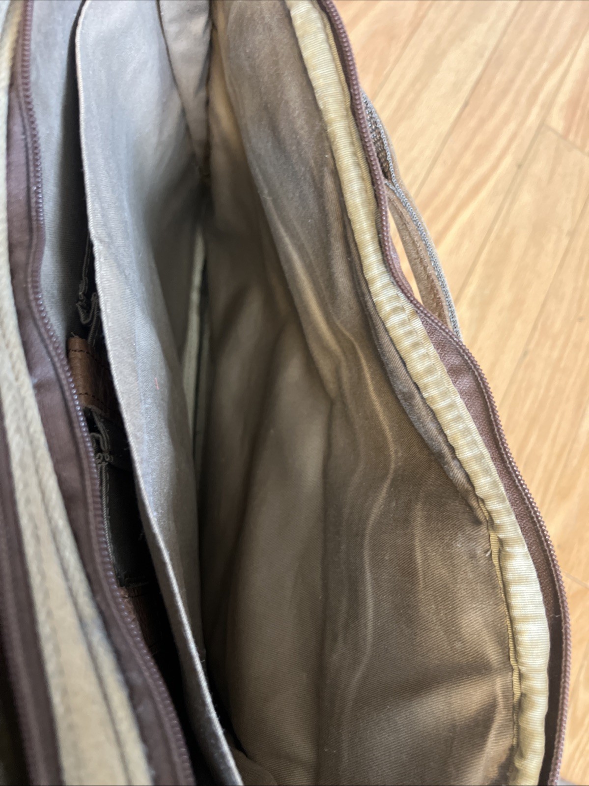 LL Bean Canvas Messenger Crossbody Bag Push Lock Leather Trim Tan Brown