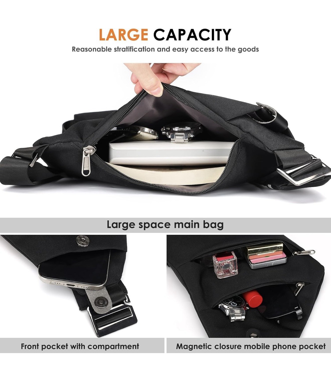 Black Waterproof Crossbody Sling Chest Bag, Zip & Magnetic, Outer Pockets