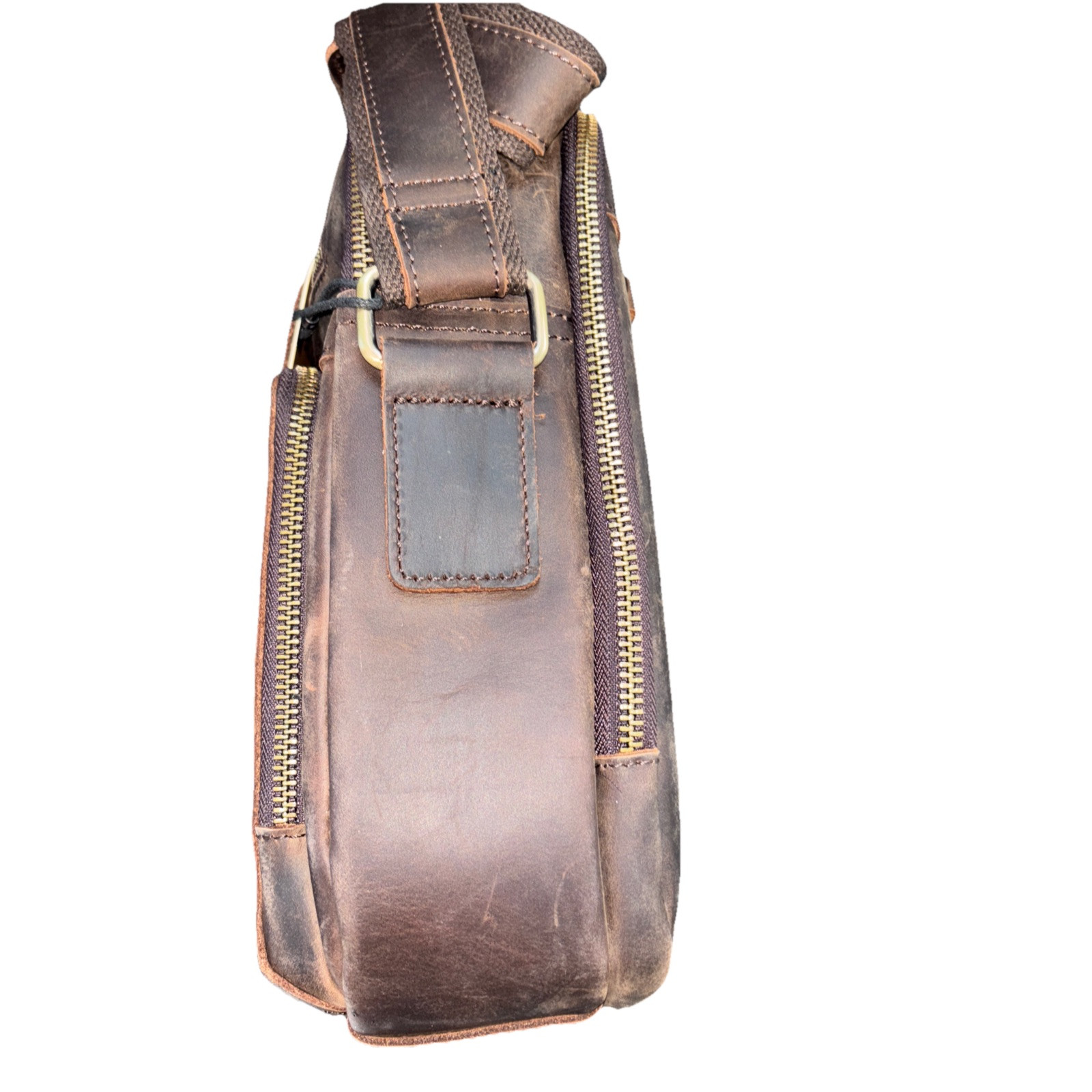 Jack Chris Unisex Brown Leather Messenger Crossbody Bag Multi Pockets 9×12 in