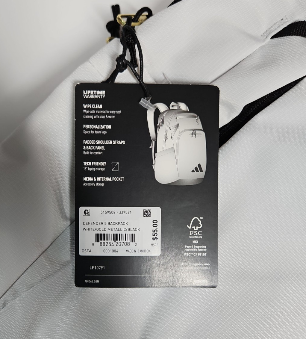 Adidas White Defender 5 Backpack Laptop Gym School Bag New