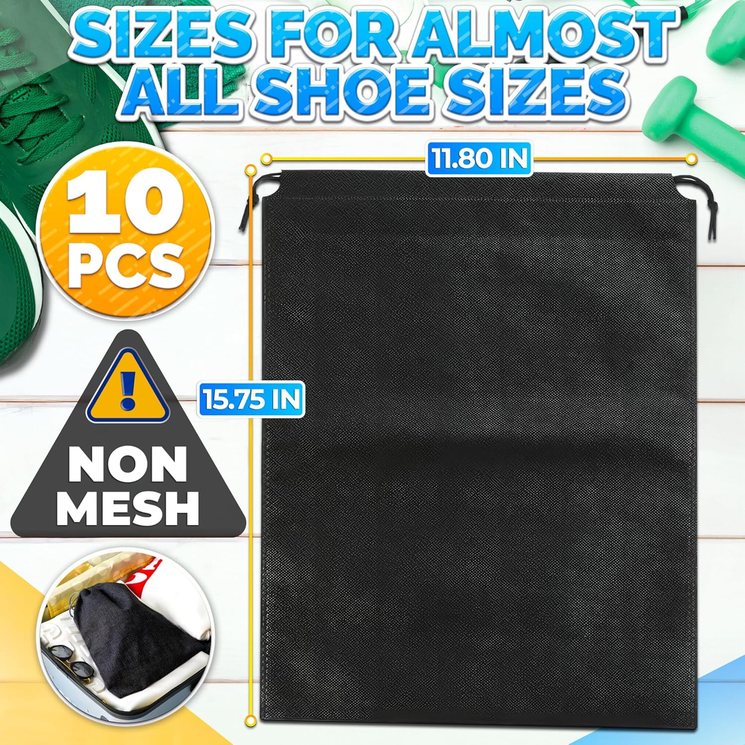 10 Pack Travel Shoe Backpack Set – Non-Mesh Solid 11.8″x15.75″ Waterproof Drawst