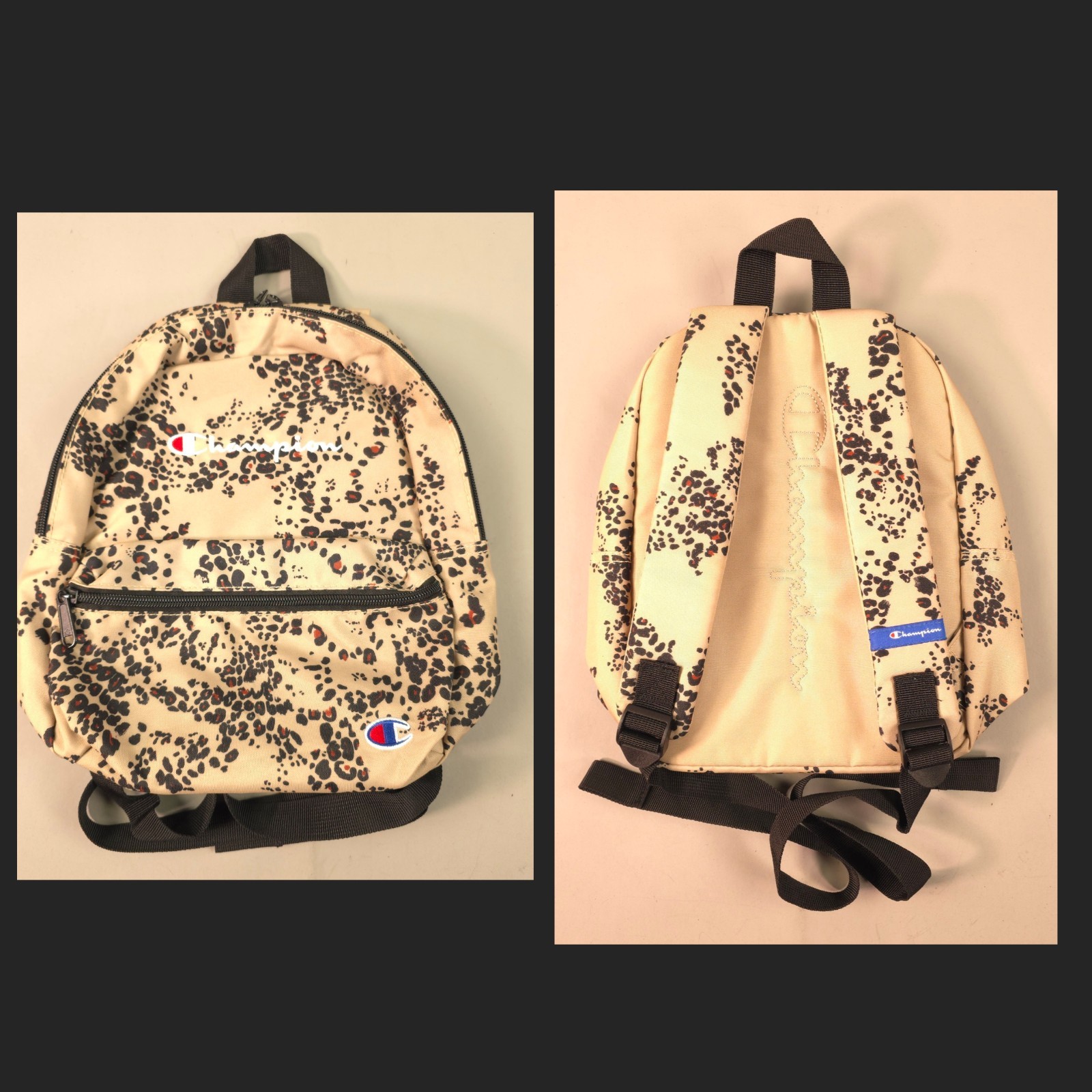 Champion Small Backpack Beige Animal Print Embroidered Logos Adj Straps *New*