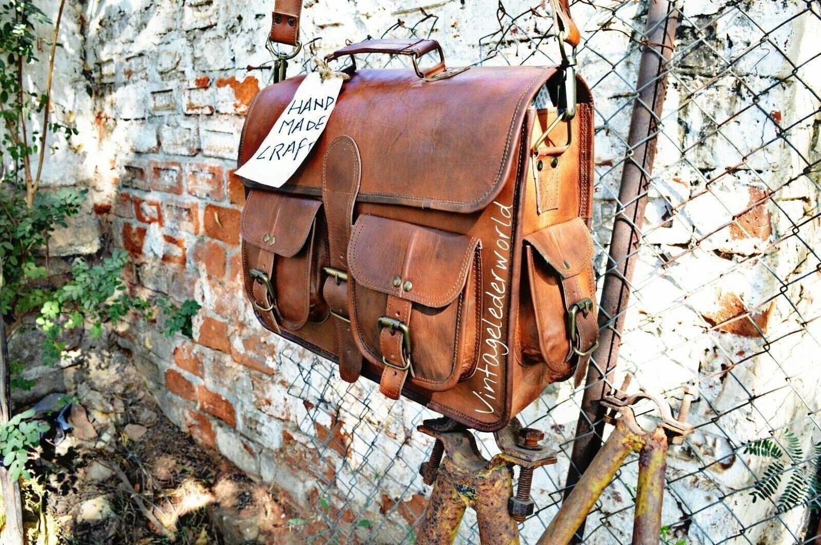 Goat Leather Messenger Real Satchel Men’s 15″ Bag Genuine Laptop Brown Briefcase