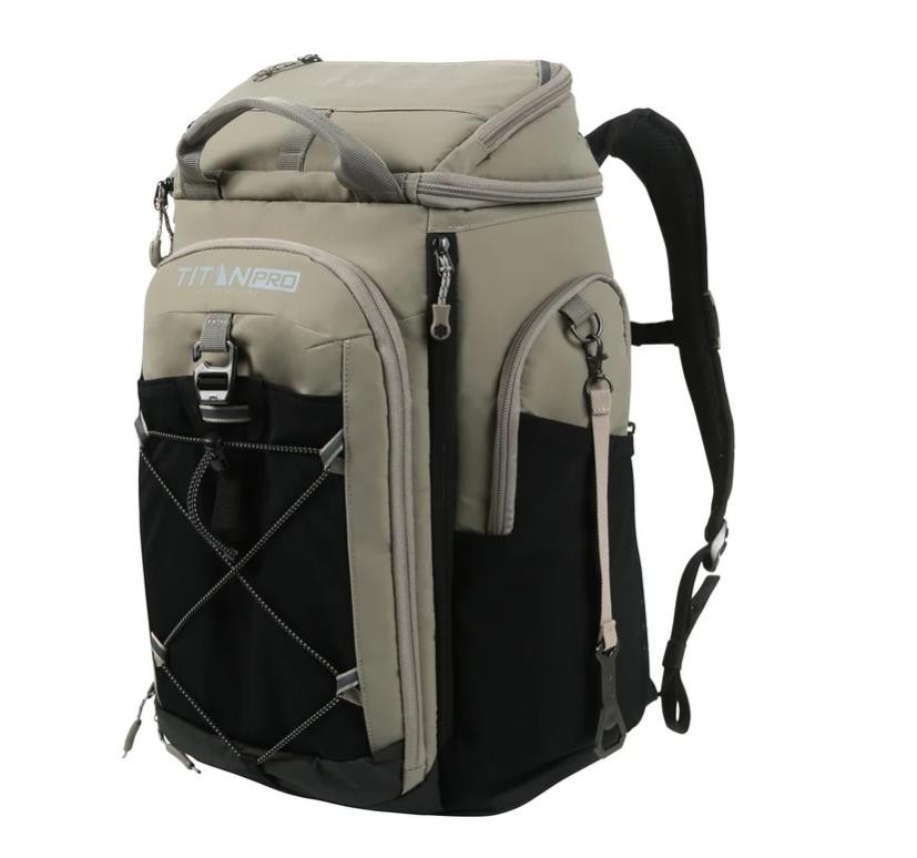Titan PRO Backpack Cooler Taupe 26-Can Ice Walls Pockets Insulated Compartments