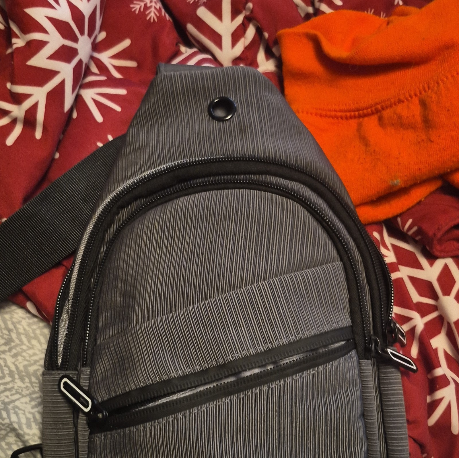 Men’s Gray Striped Sling Crossbody Chest Pack, Zip Closure, Adjustable Strap