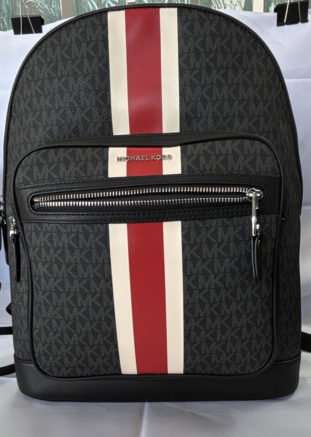 Michael Kors Men’s Monogram Backpack Black Red White Stripe Zip Pockets