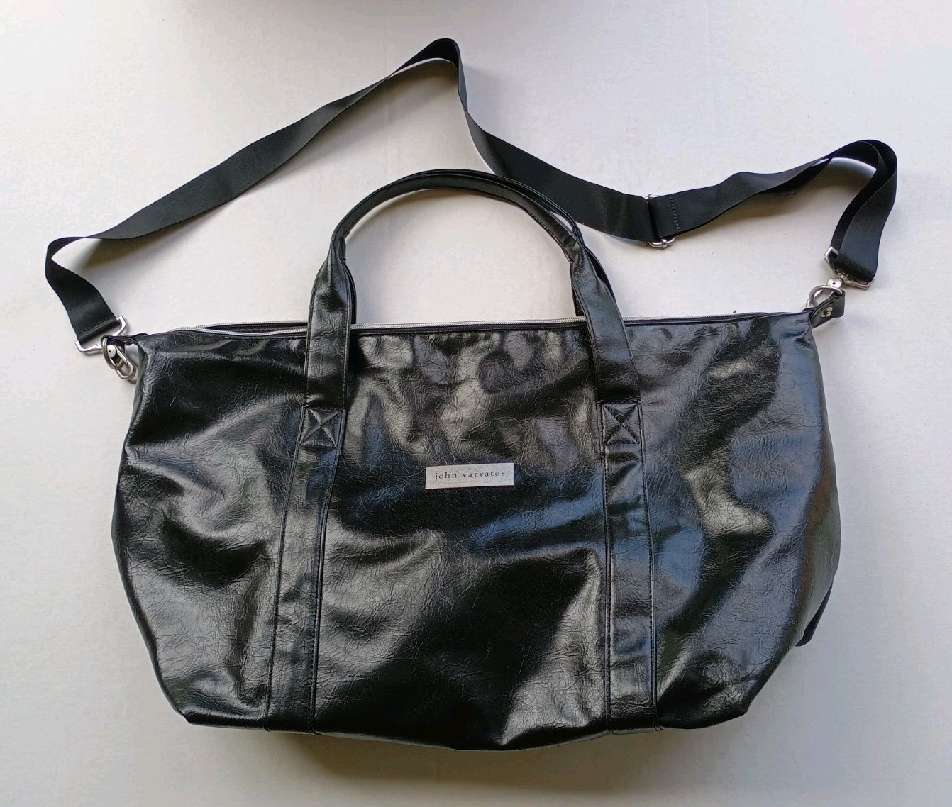 John Varvatos Faux Leather Duffle Large Tote Shoulder Weekend Bag GUC Black