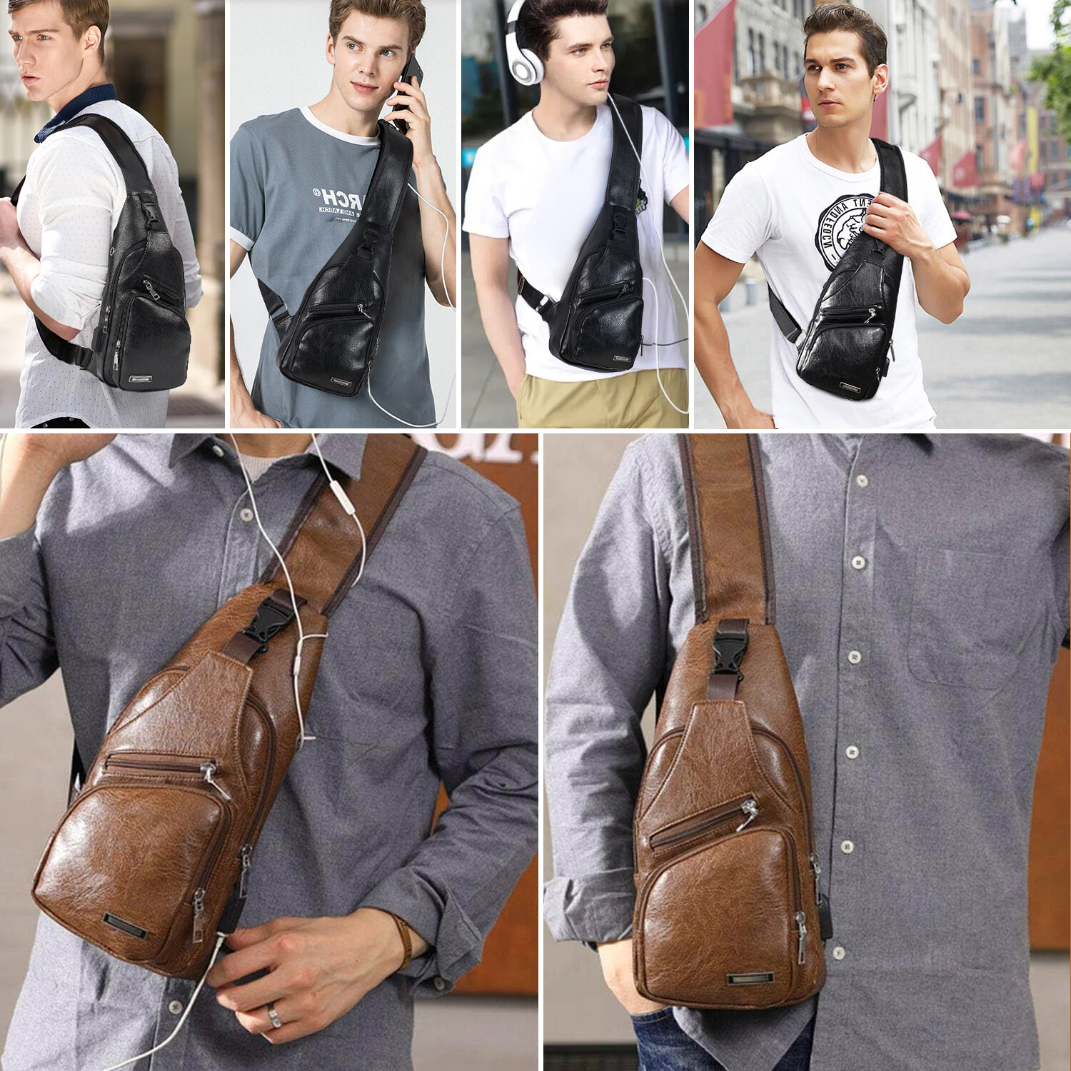 Men’s Leather Chest Bag Crossbody Bag Fashion with USB Port Sports Casual Bag