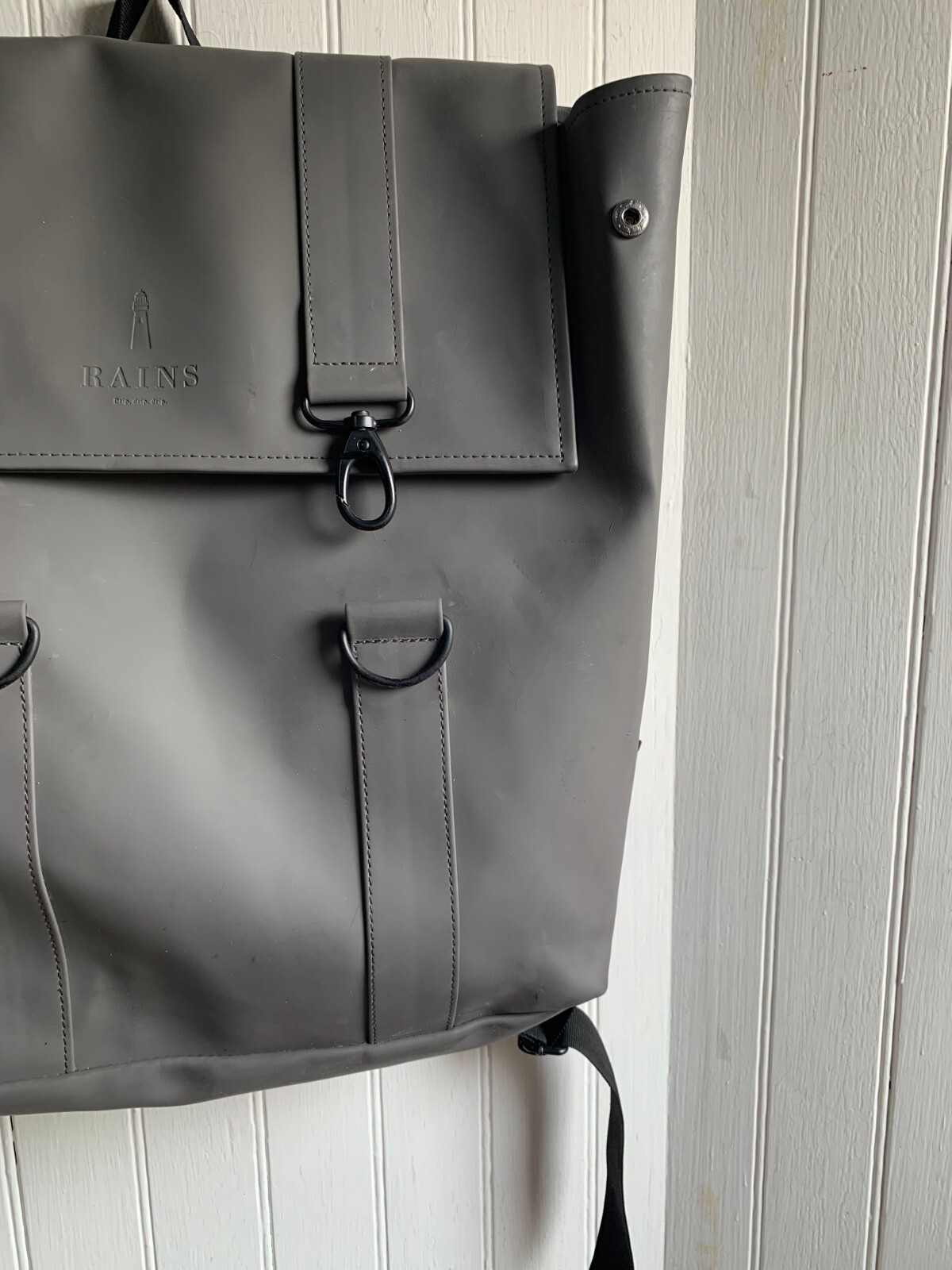 Rains MSN Gray Backpack Waterproof Minimalistic Carabiner Closure Laptop Pocket