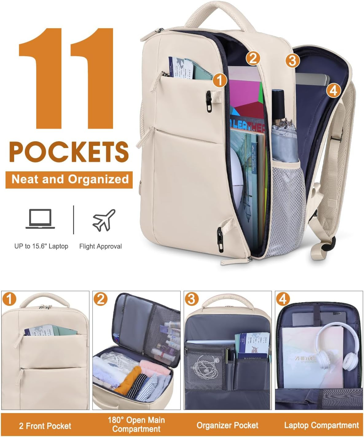 Travel Backpack Airline Approved Waterproof Laptop Backpack 15.6 In Laptop Beige