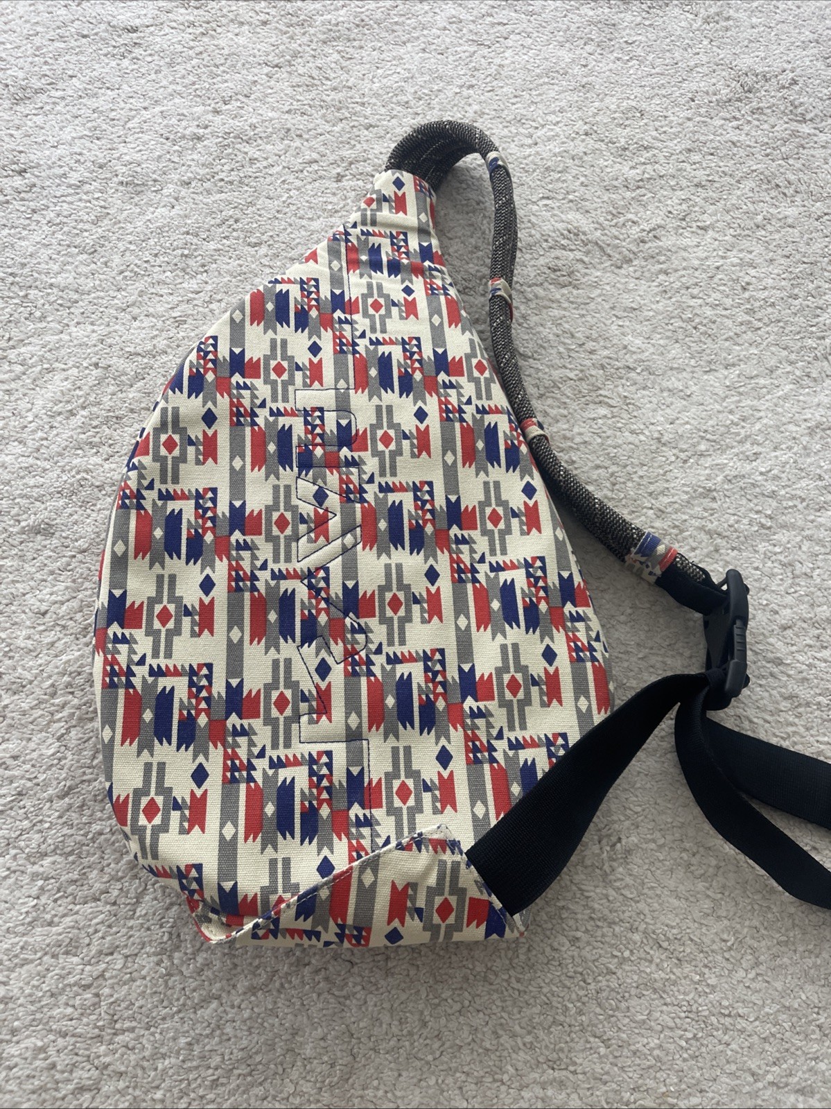 KAVU Sling Backpack Tribal Print Cotton Rope Strap Blue Red White
