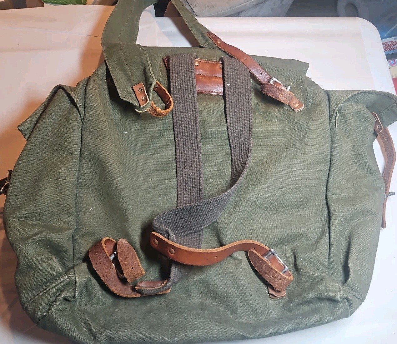 Vintage Duluth Pack Large Green Canvas Canoe Camping Backpack Leather Straps