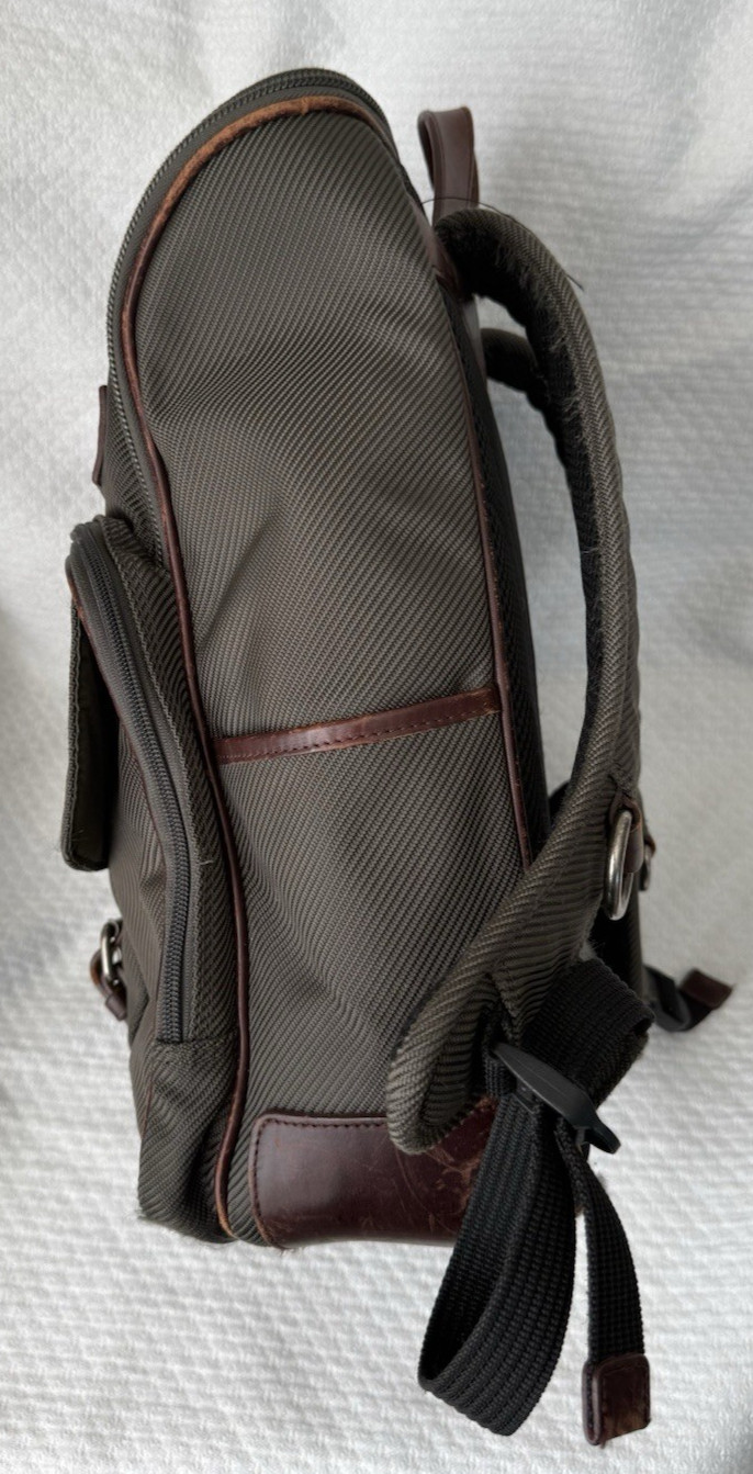 Filson Utilitarian Backpack Olive Green Brown Leather Trim Laptop Travel Bag
