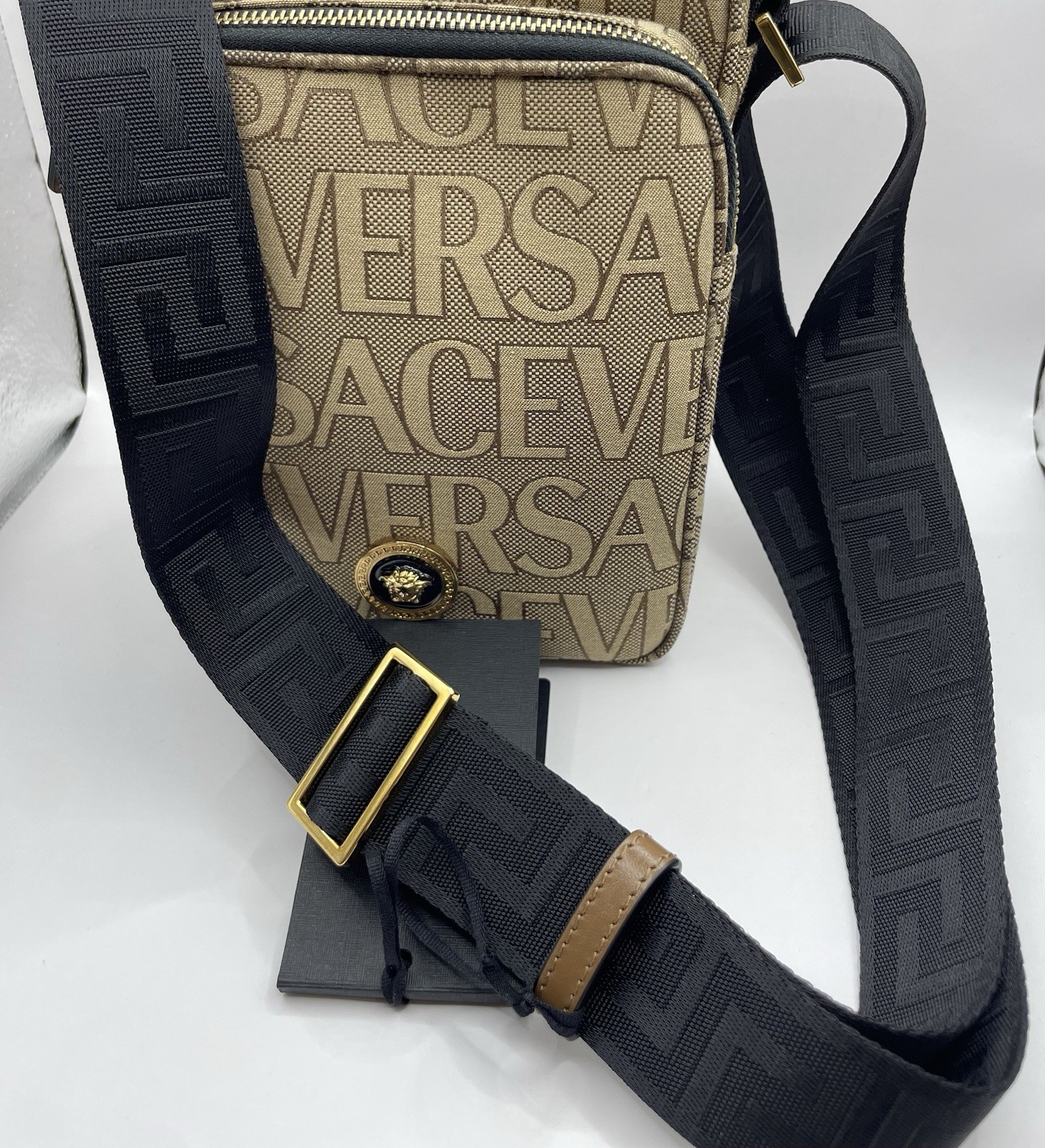 Versace Crossbody Canvas Fabric Allover Beige/brown $1200 Retail Authentic