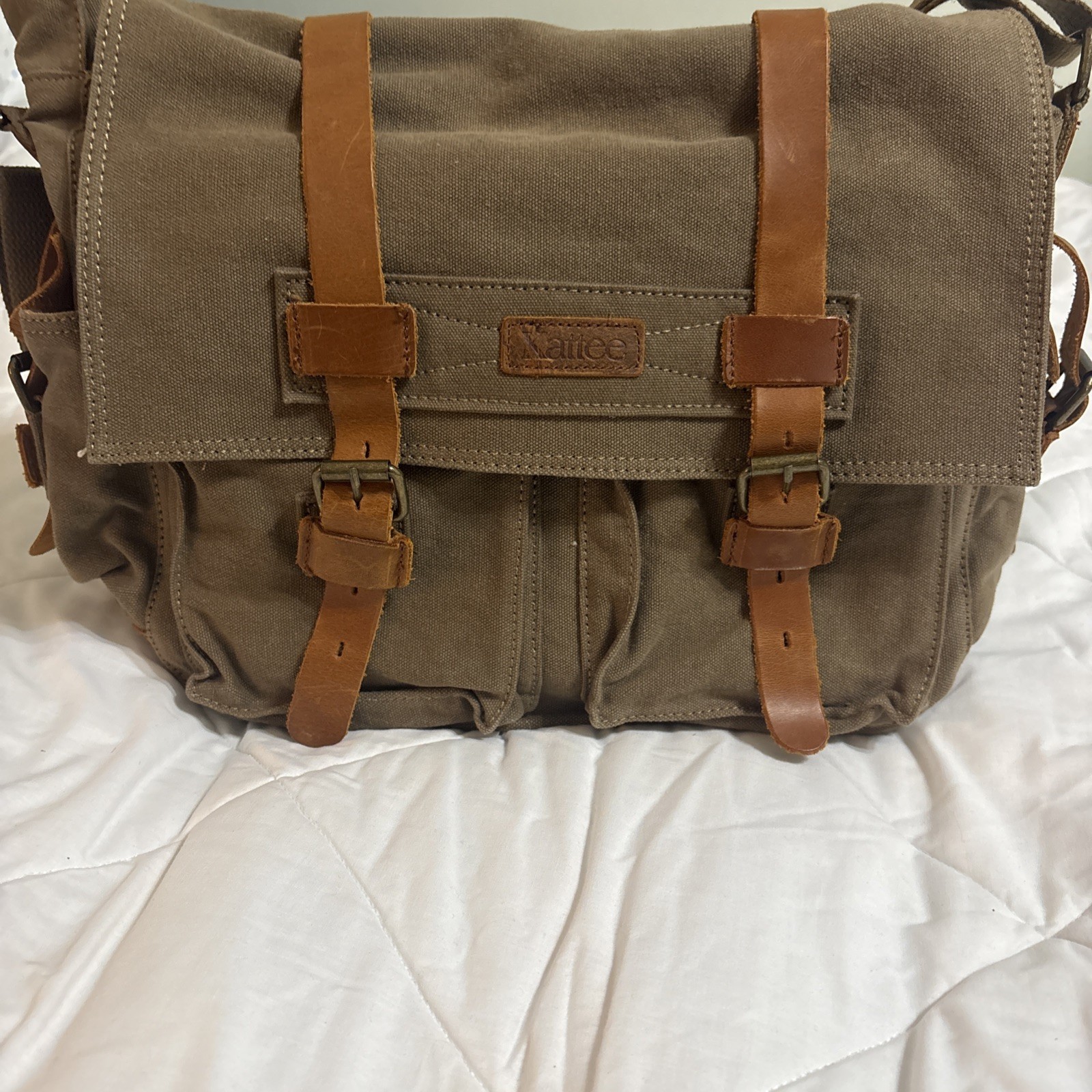 Kattee Canvas Messenger Bag Brown Leather Straps Snap Buckle Zip Adjustable Flap