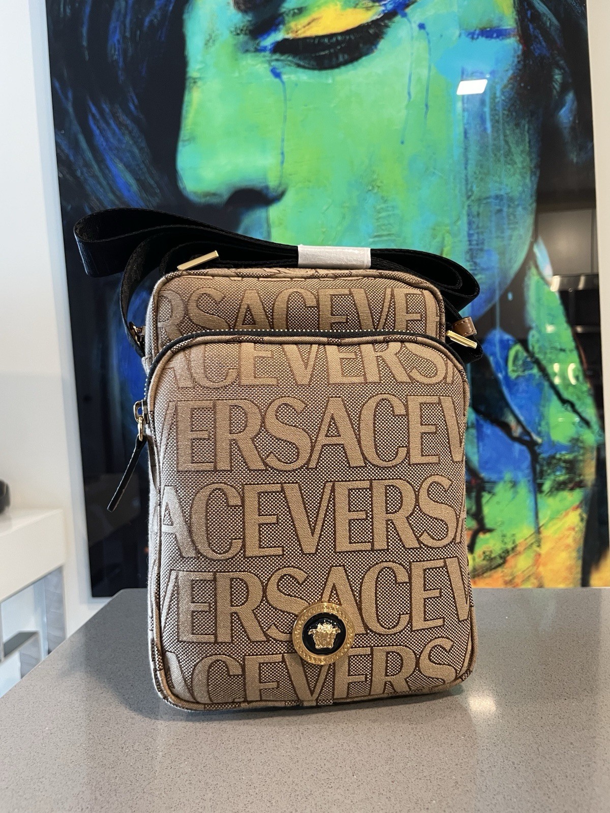 Versace Crossbody Canvas Fabric Allover Beige/brown $1200 Retail Authentic