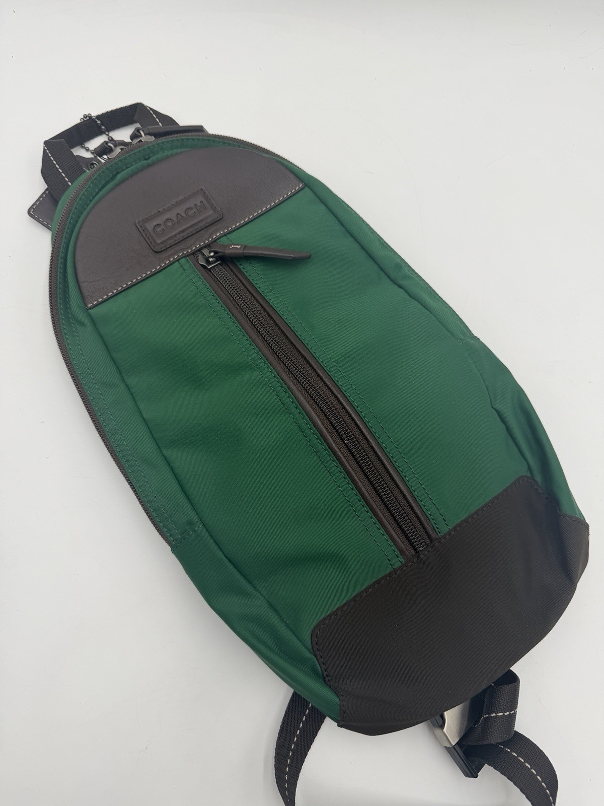 Coach Varick Nylon Sling Pack F70692 Green Brown Leather Crossbody Backpack Bag