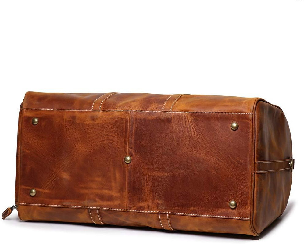 24″ Leather Weekender Bag with Shoe Compartment,Classic Mens Leather Travel Duff