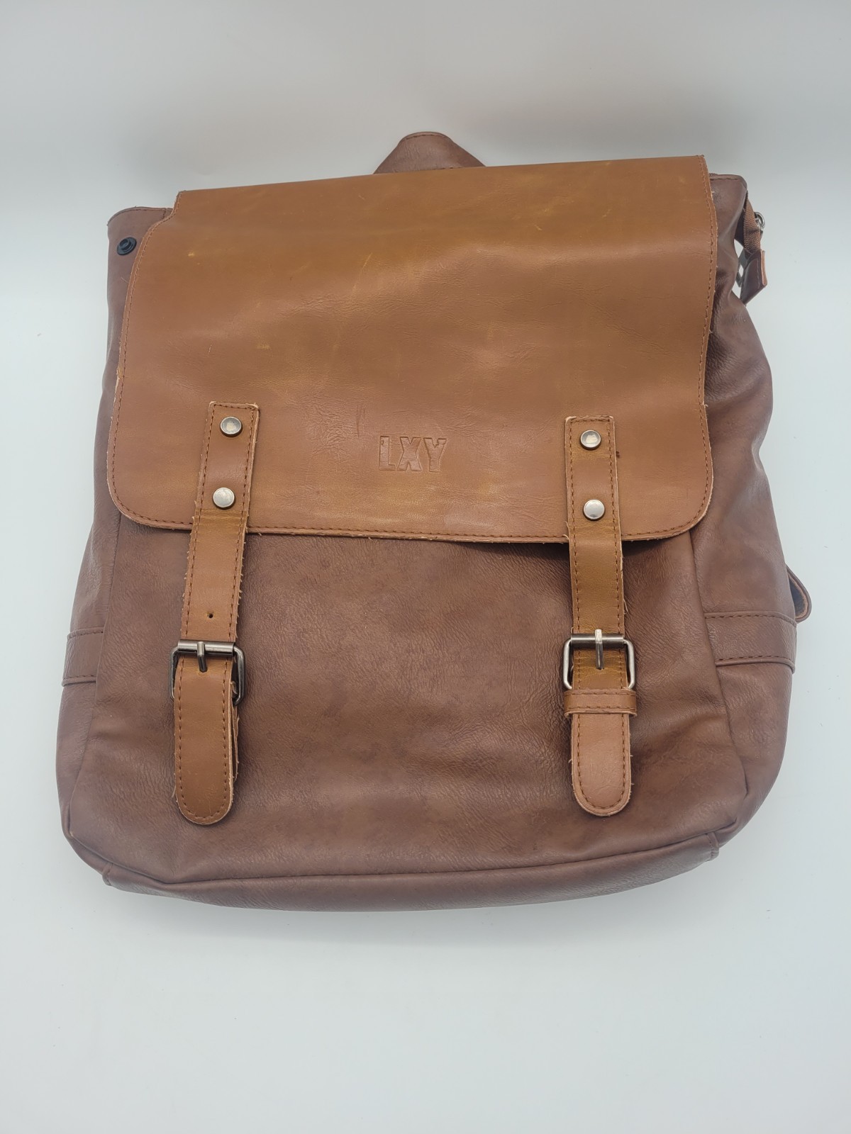 LXY Vegan Leather Backpack Brown Flap Buckle Laptop Pocket Travel Bag