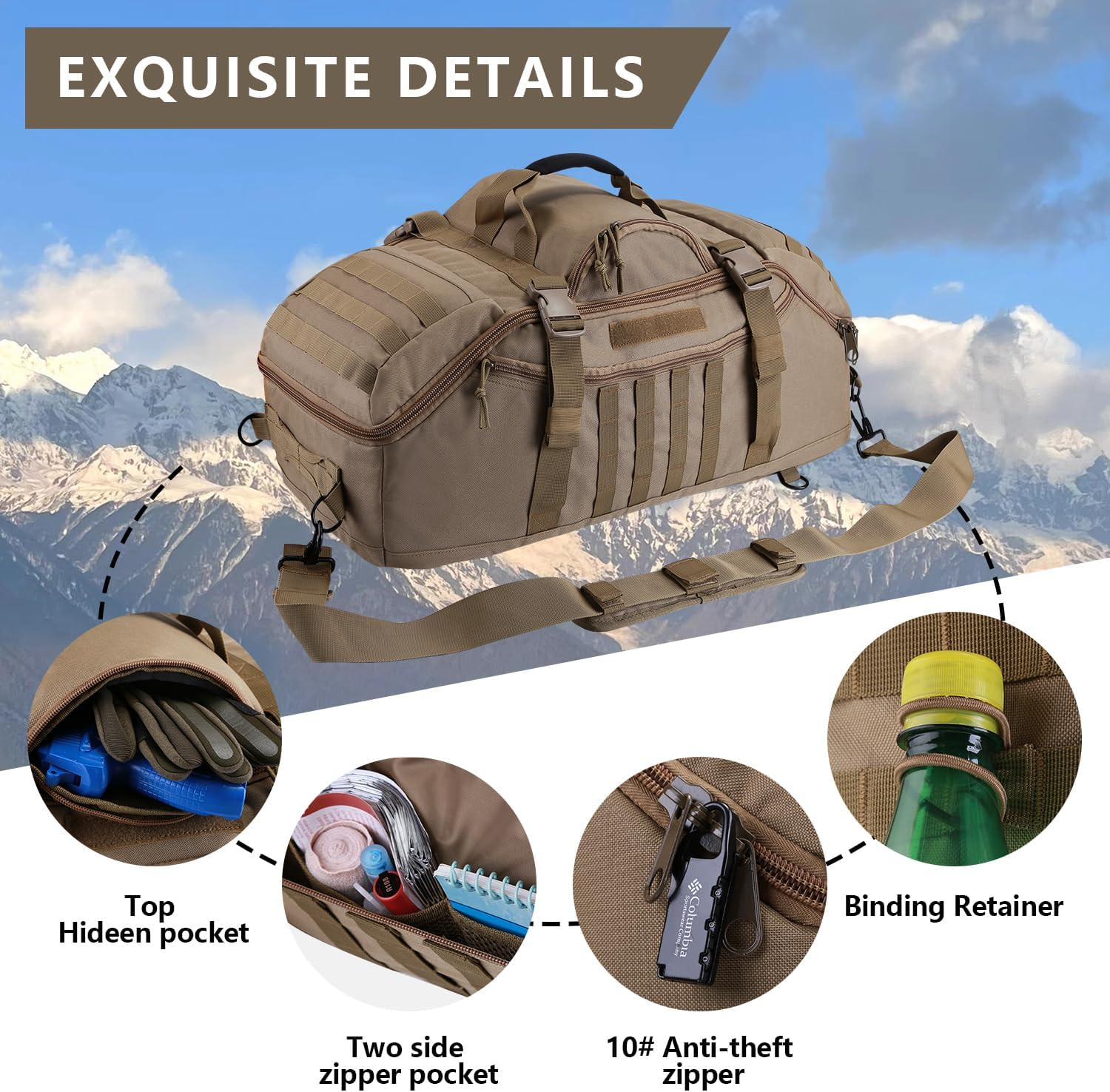 55L Large Duffle Bag, 3-In-1 Tactical Backpack MOLLE Pack for Gym, Sports, Outdo