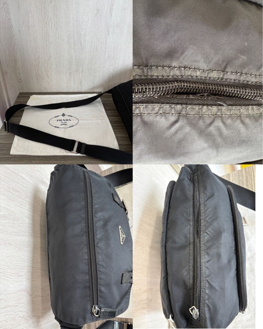 PRADA Shoulder Bag Tessuto Nylon Leather Triangle Logo Black Excellent Condition