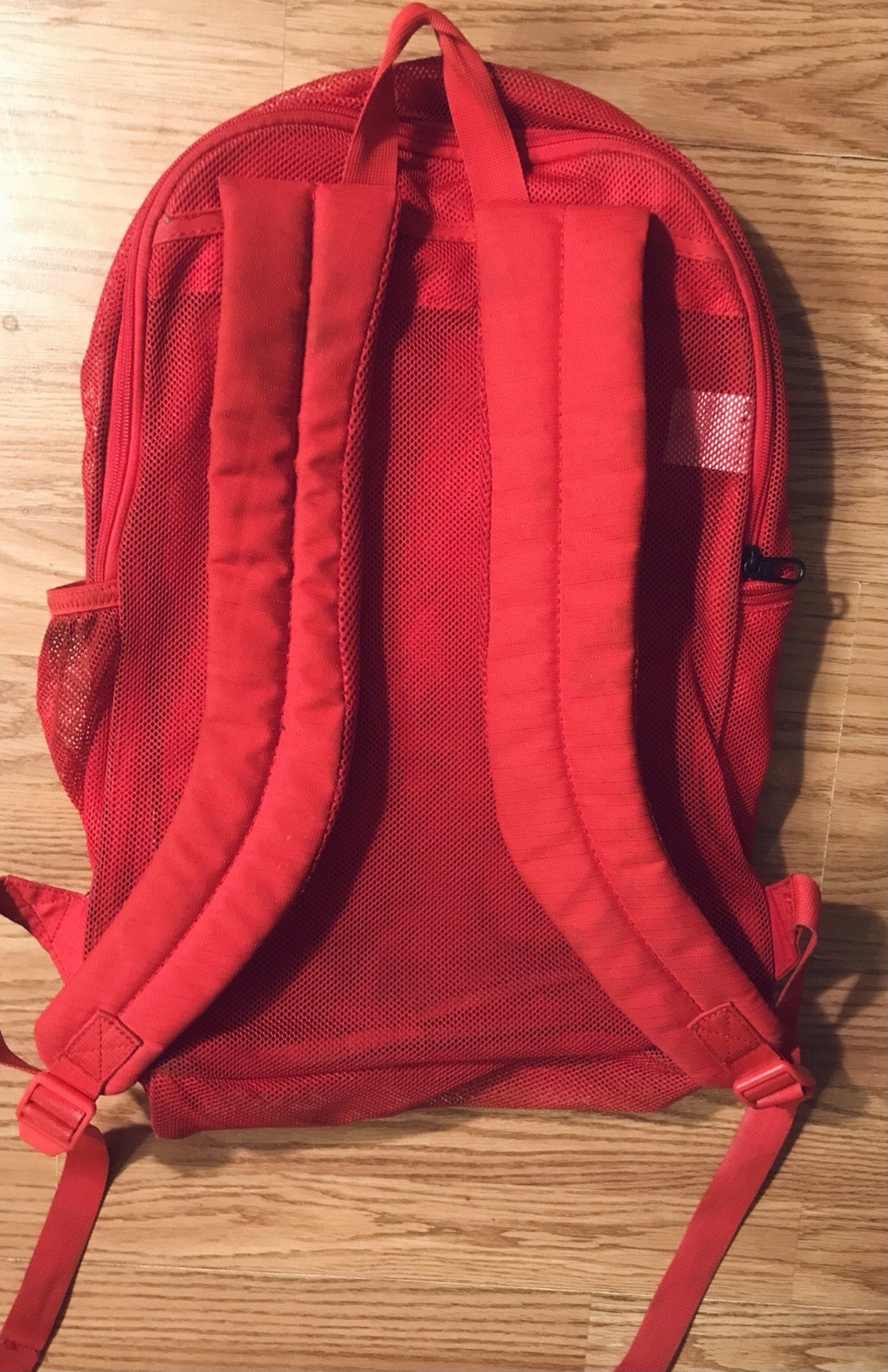 Nike Red Mesh Knit Backpack Comfort Strap Zip Close Divider Transparent Swoosh