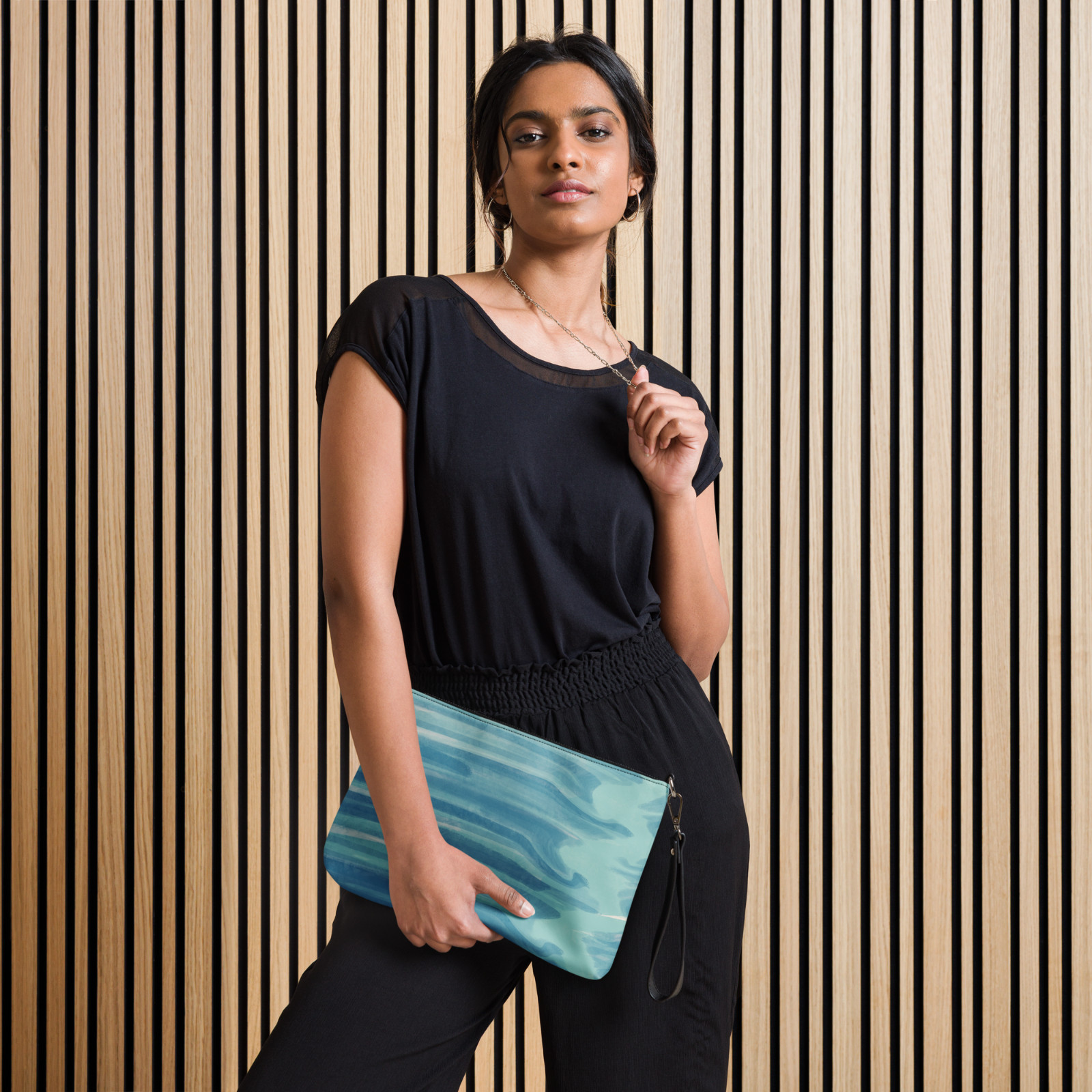 Womens Wristlet Purse Aqua Abstract Print Crossbody Shoulder Bag Detach Strap