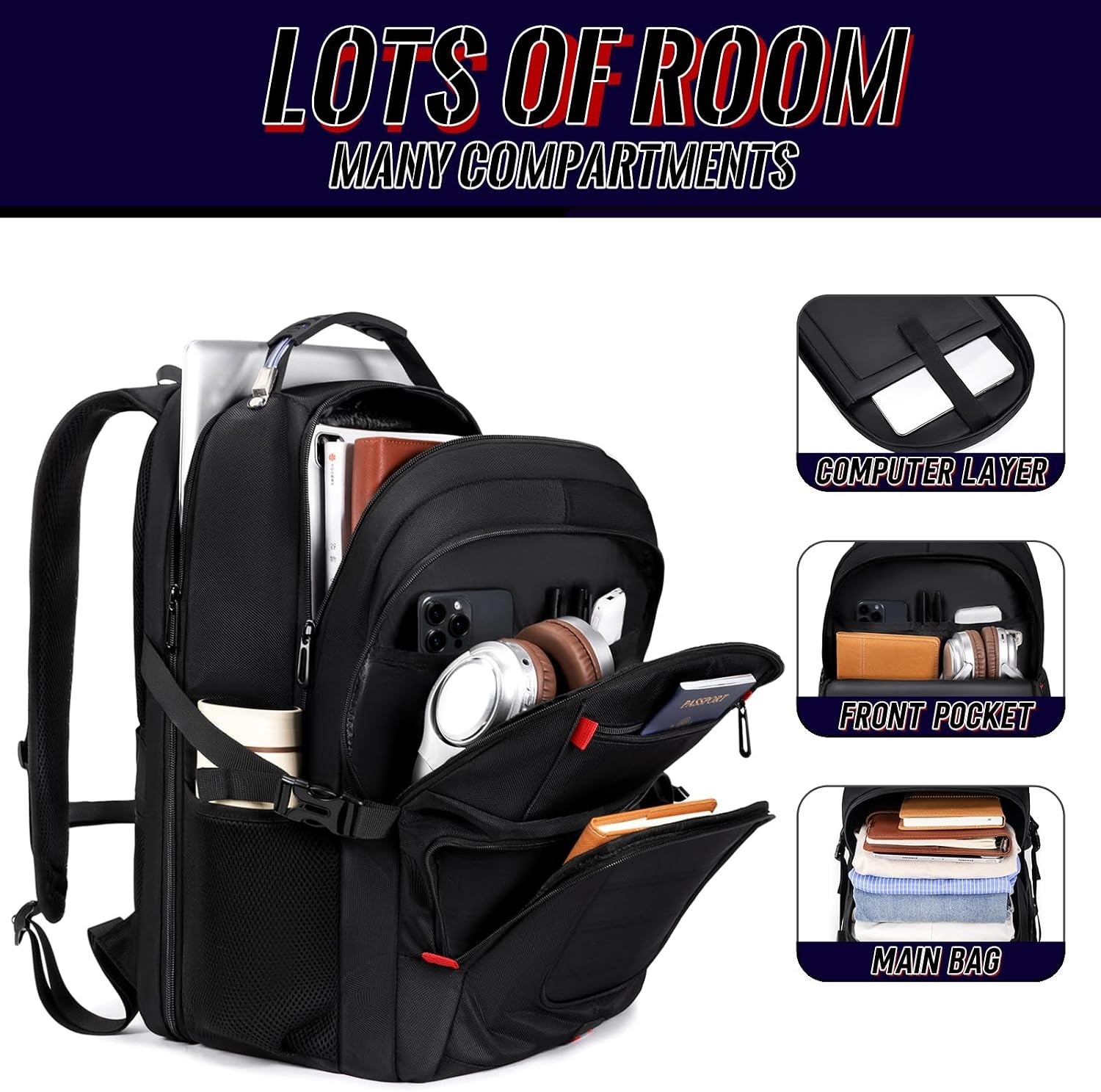 Spacious Carry On 45L Backpack with Padded Laptop Compartment – Travel Black