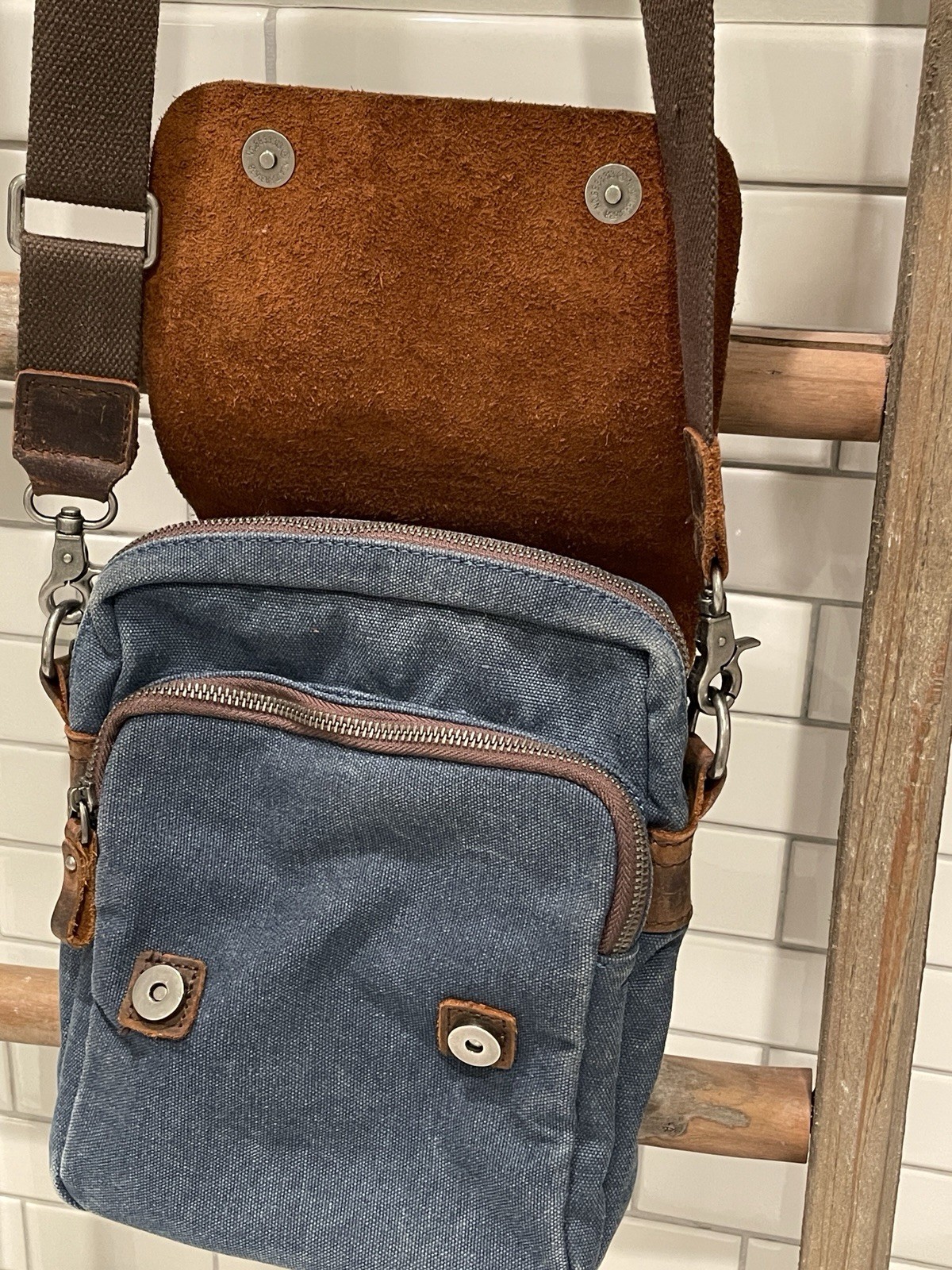 United Leather Messenger Cross Bag Blue Canvas Brown Leather Thick Strap