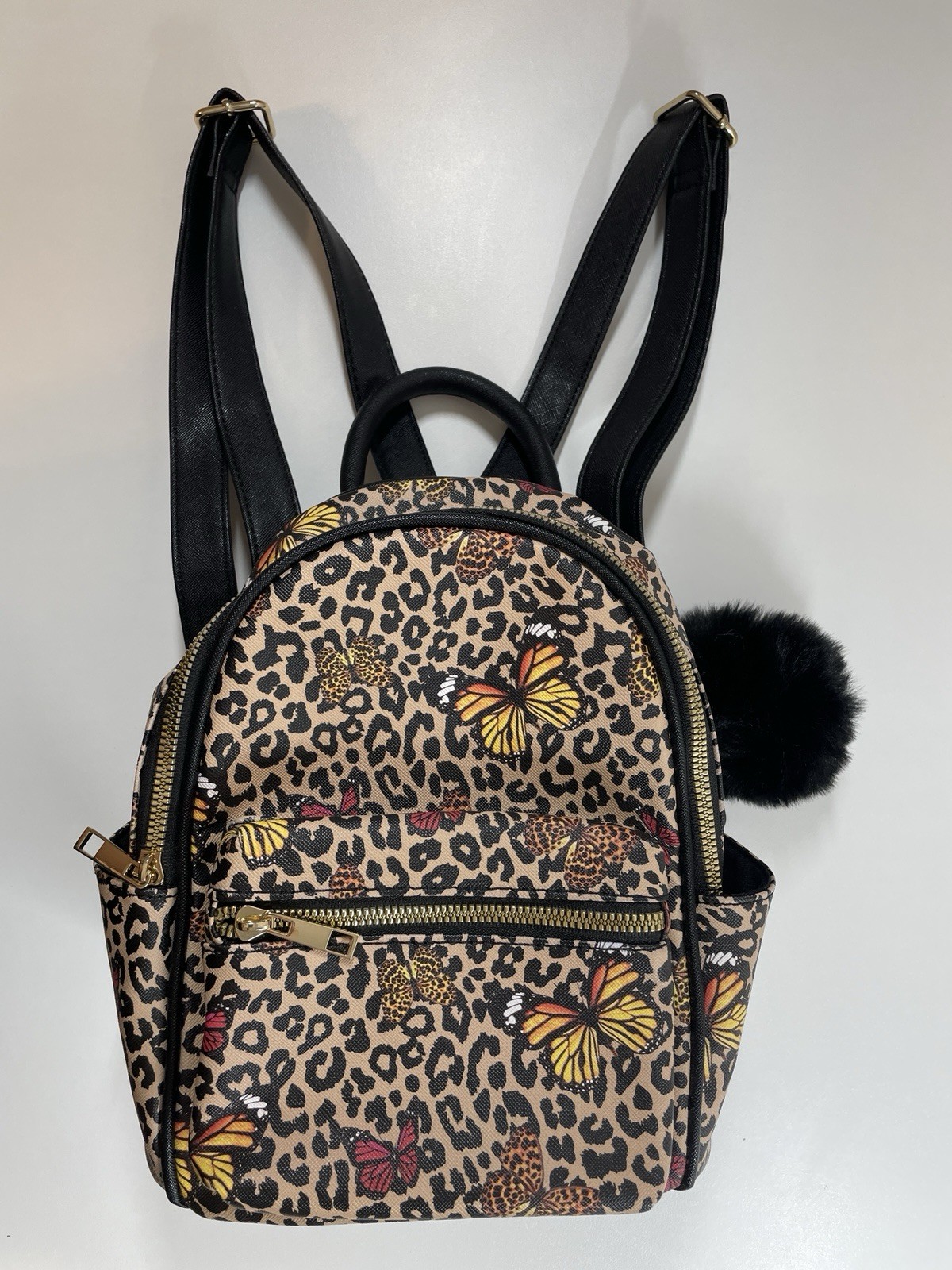 Like Dreams Backpack Purse Leopard Cheetah Butterfly Print Furry Black Bag Charm