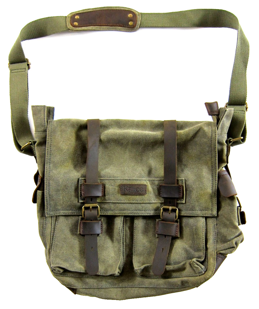 Kattee Canvas Leather Trim Zippered Camera Messenger Shoulder Bag Green Brown