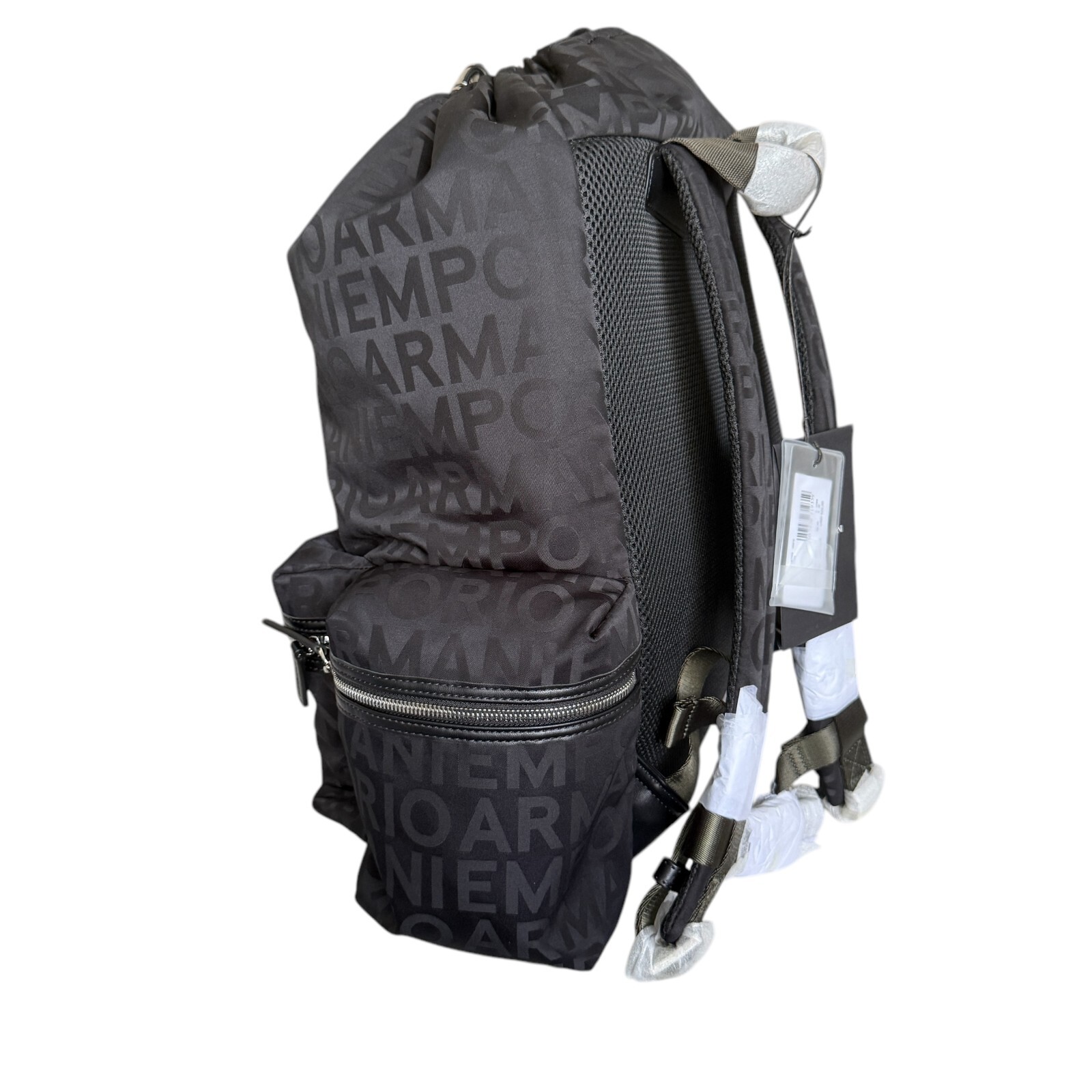 New Emporio Armani Black Nylon oversized Drawstring Logo Backpack
