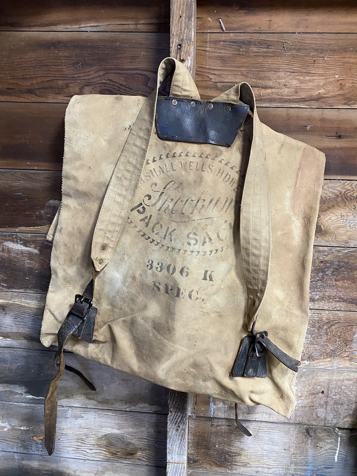 Vintage MARSHALL WELLS Hardware Company Canvas Pack Sack Canoe Backpack Skookum