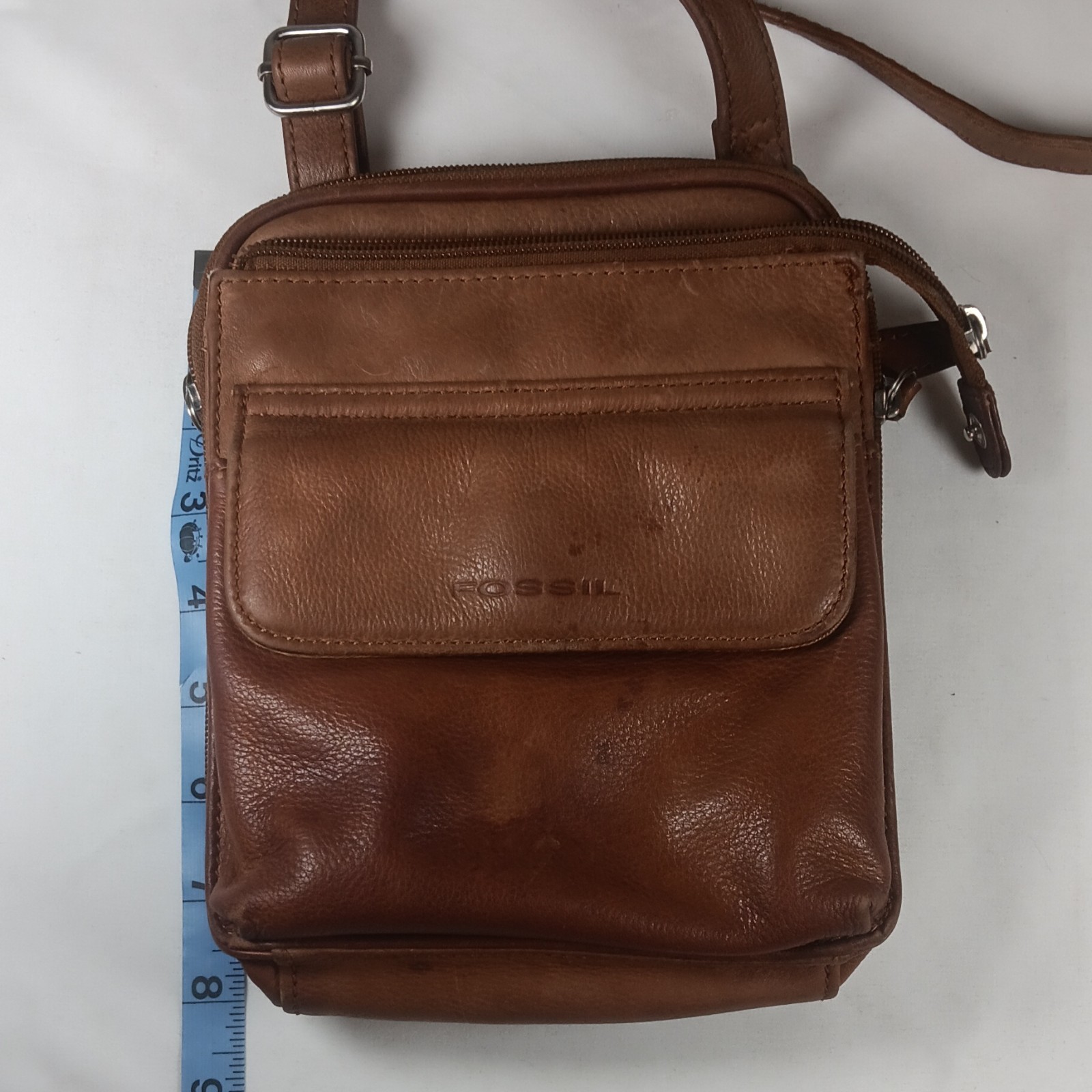 Fossil Brown Crossbody Bag Zip Closure Adjustable Strap Multi-Zip Compartments