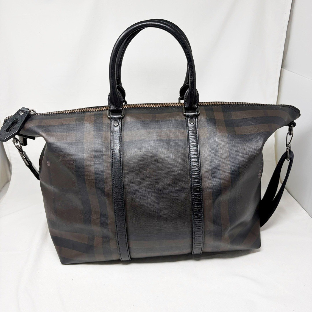 BURBERRY 2-Way Boston bag Dark Brown Leather PVC Men Duffle bag Travel