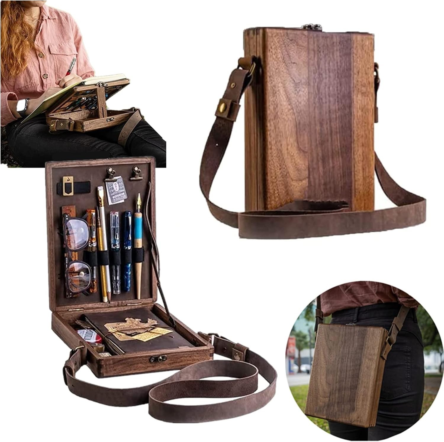 Writers Messenger Wood Box Multifunctional Wooden Handmade Crossbody Postman …