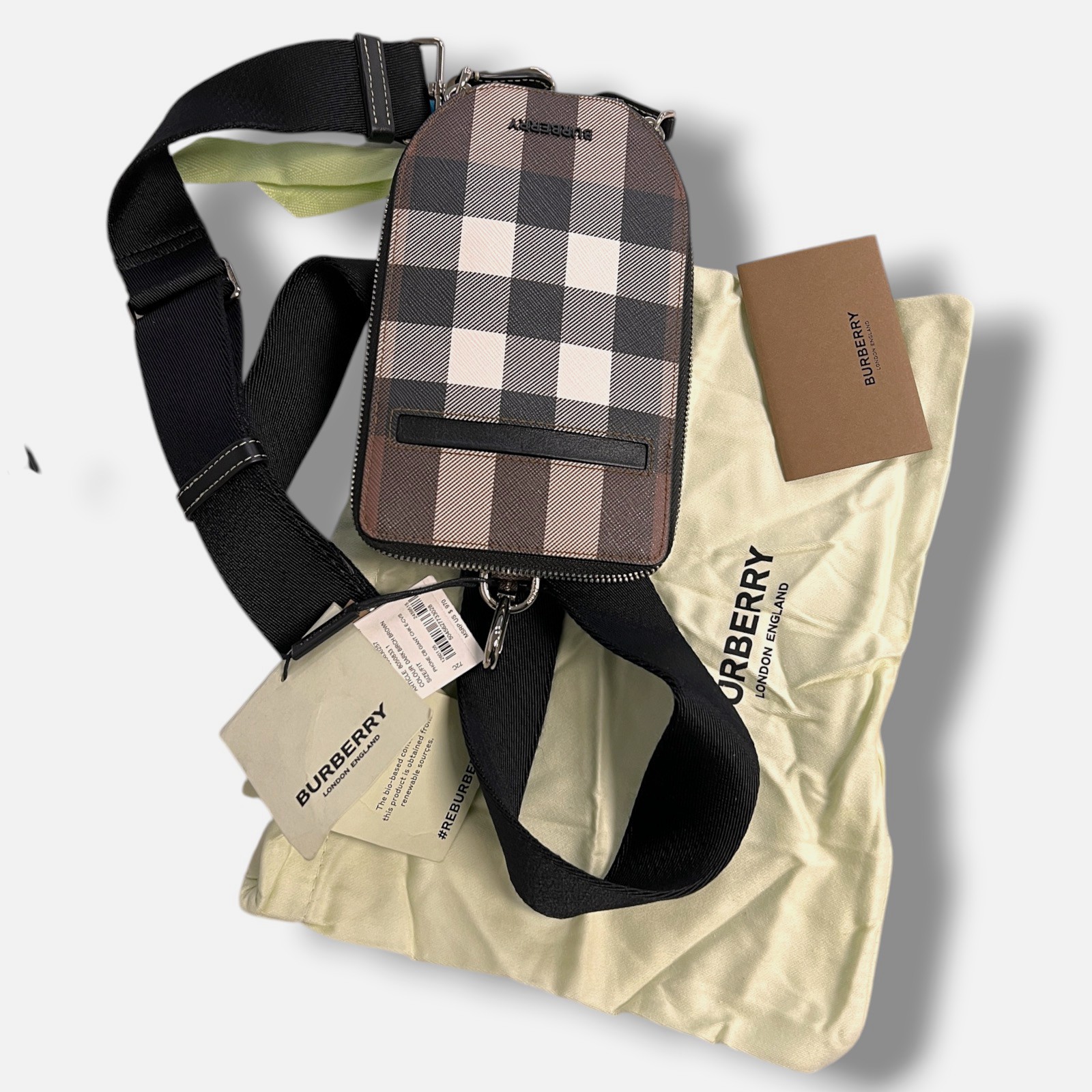 Burberry Men Brown Check Phone Case Crossbody Bag
