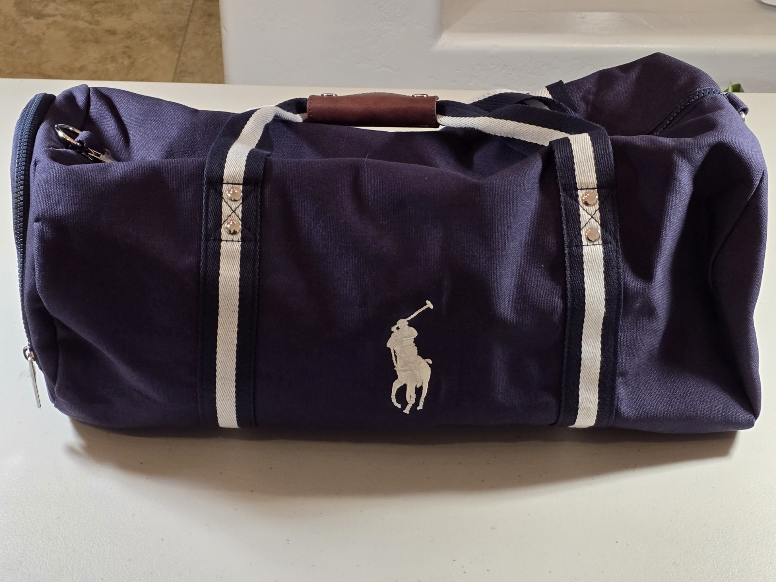 POLO Ralph Lauren Navy Blue Duffle Gym Weekend Carry on Travel Bag (20”x10”x9”)