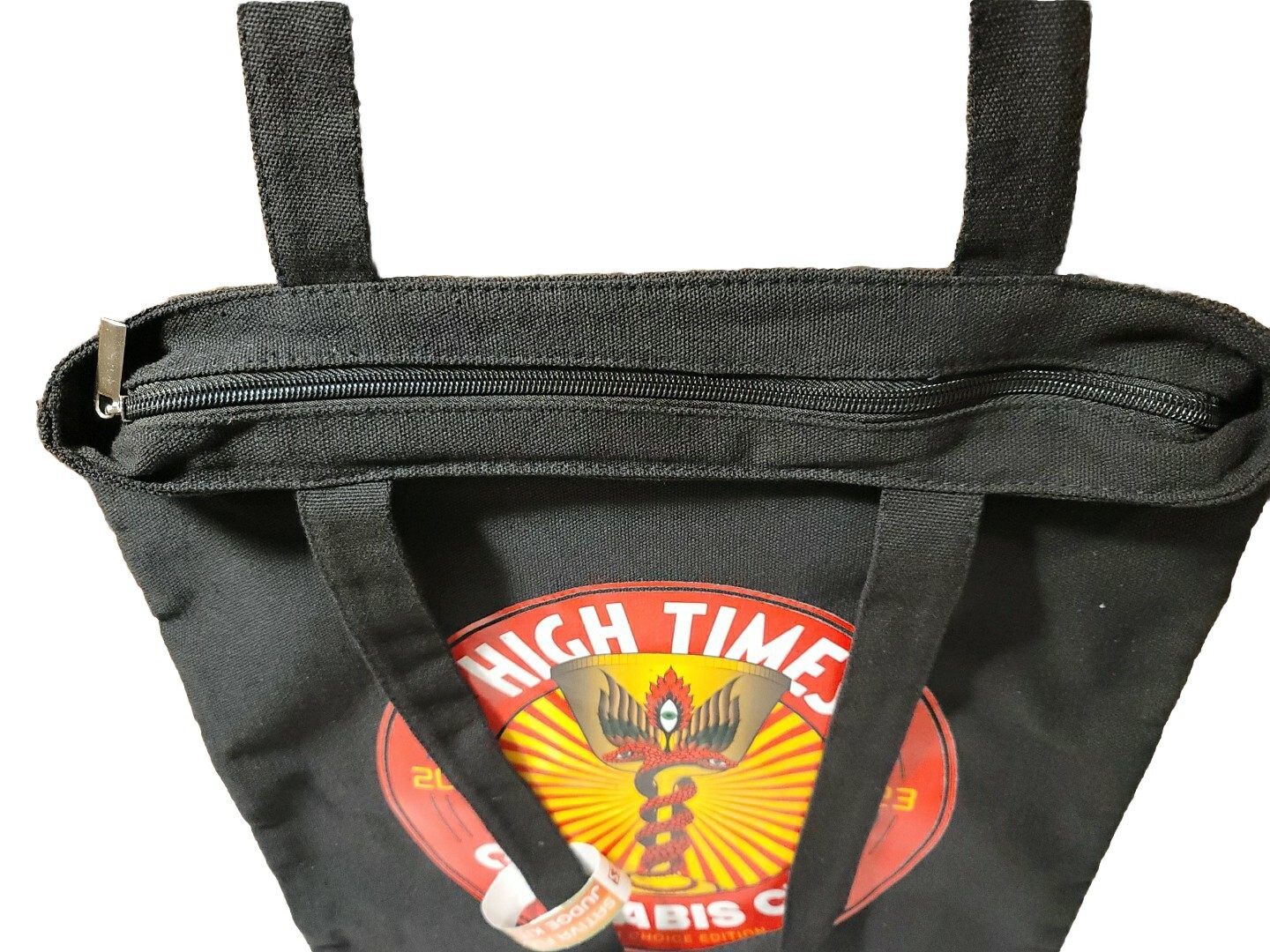 High Times Arizona 2023 Cannabis Cup Black Judges Tote Bag With Swag & Stickers.
