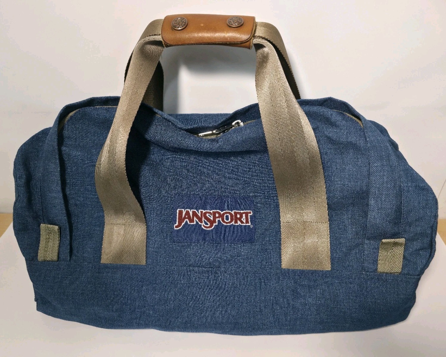Vtg Jansport Denim Blue Outdoor Logo Camp Lodge USA Small Duffle Bag Carryall