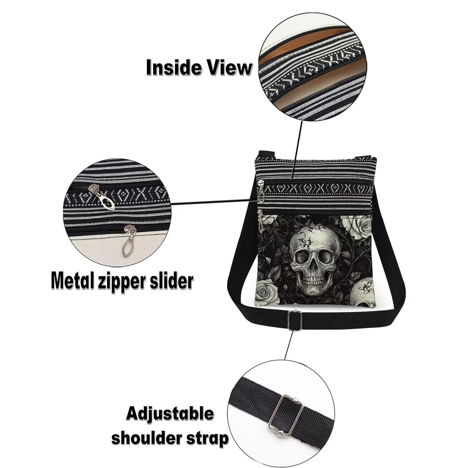 XiaoGalaee Gothic Skull & Rose Crossbody Bag Adjustable Strap Unisex 19