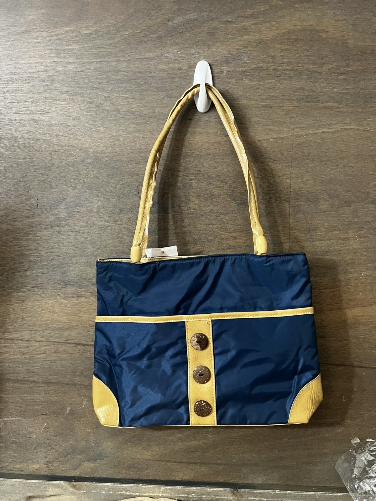 NEW FASHION WOMENS THIN TOTE PURSE NAVY BLUE W/ BROWN BUTTONS NEW NWOT
