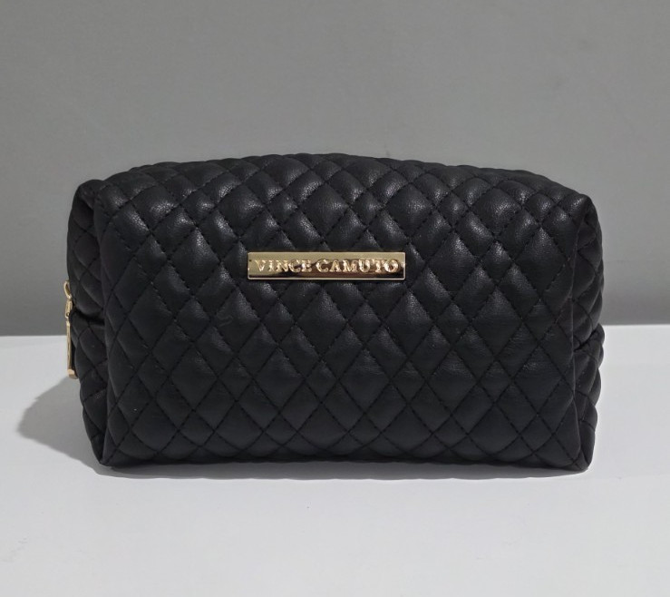 Vince Camuto Travel Men Quilted Leather Toiletry Bag Compartment Pockets Black