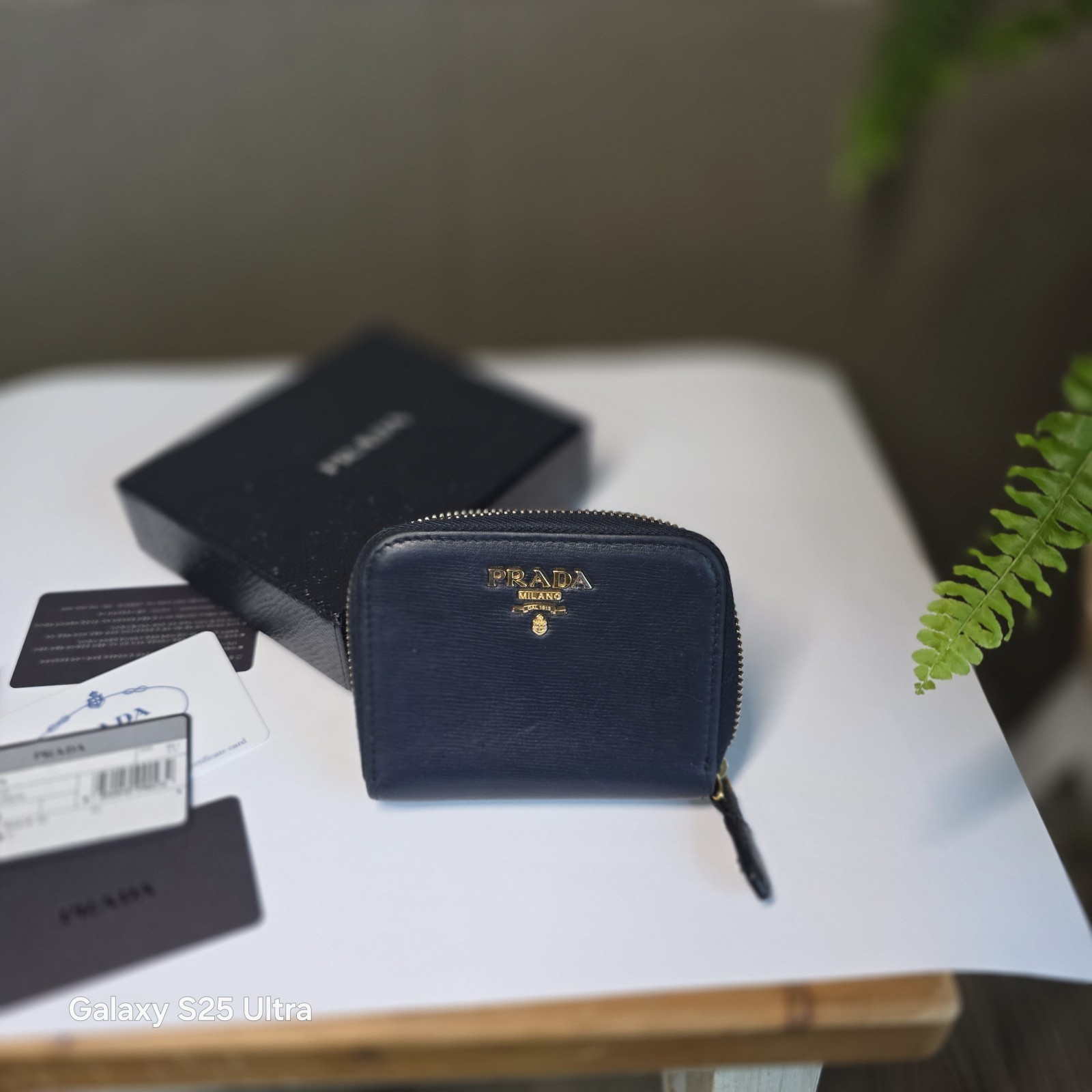 Prada Vitello Move Zip Coin Purse Wallet 1MM268 Baltico Navy Gold HW Full Set