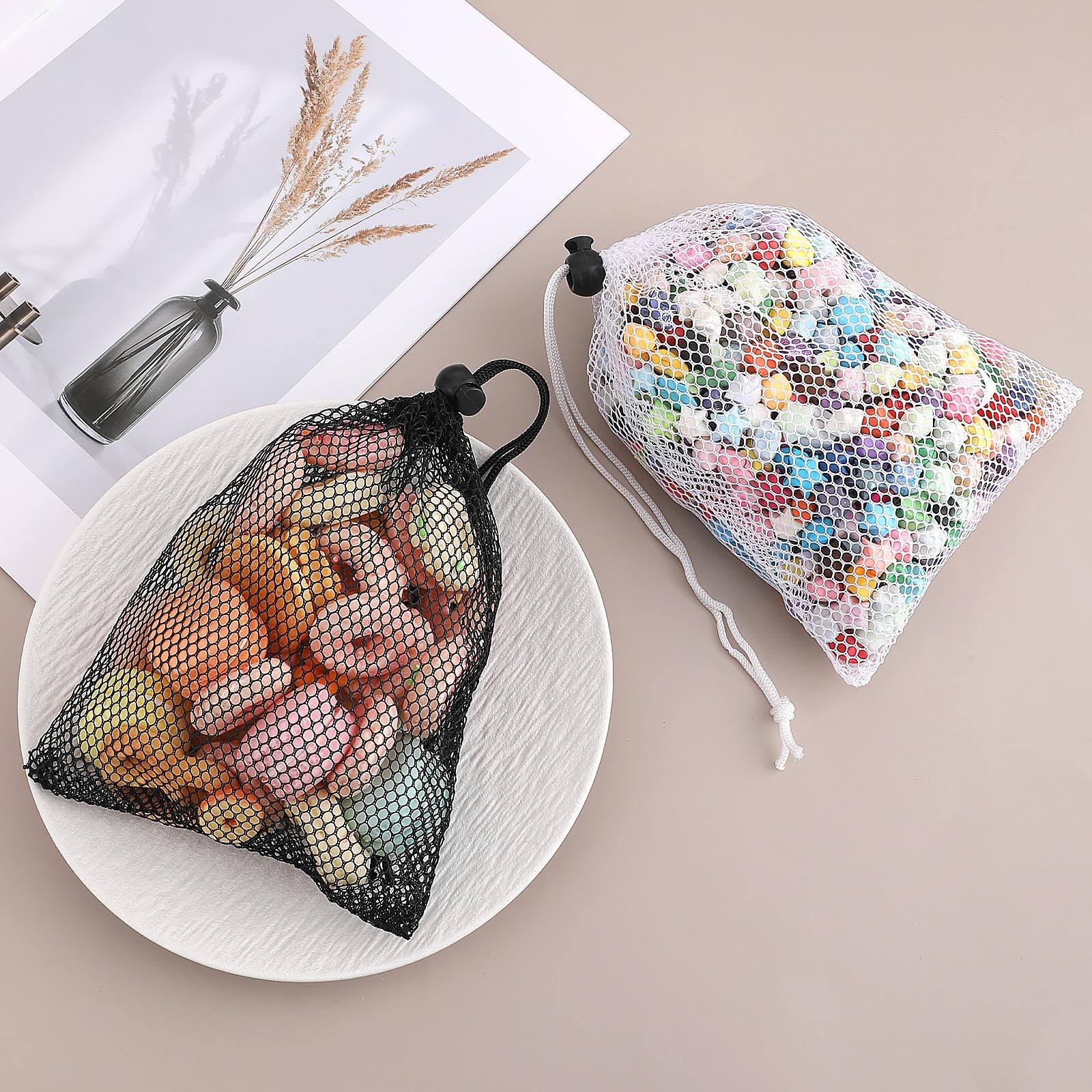 6 PCS Small Mesh Drawstring Bags 7.87×5.9 Inch Nylon Travel Goods Black White